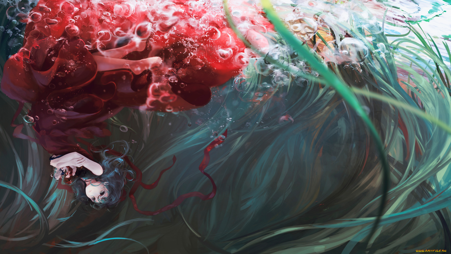 аниме, touhou, kagiyama, hina, девушка, арт, пузырьки, водоросли, тоухоу, вода