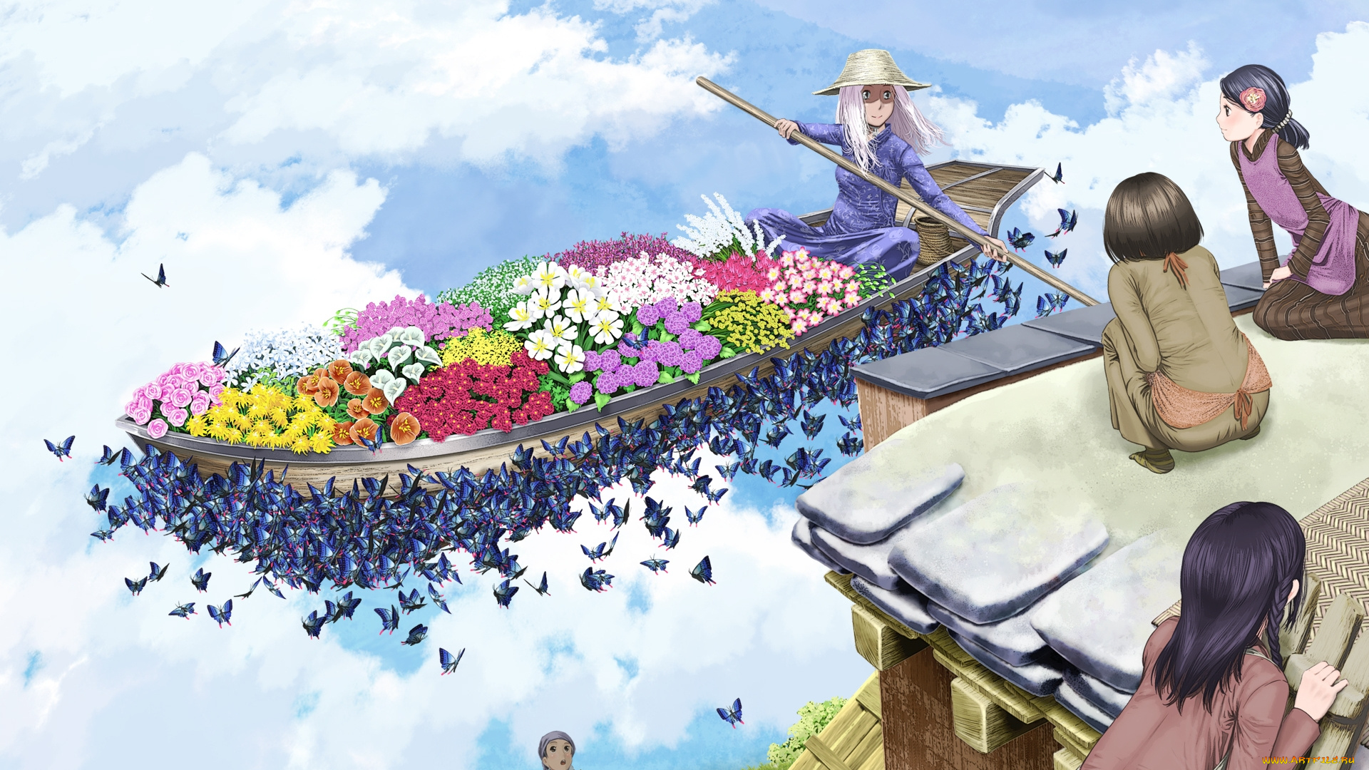 аниме, *unknown, , другое, цветы, дом, небо, облака, бабочки, продавец, весло, девушки, лодка, шляпа, крыша