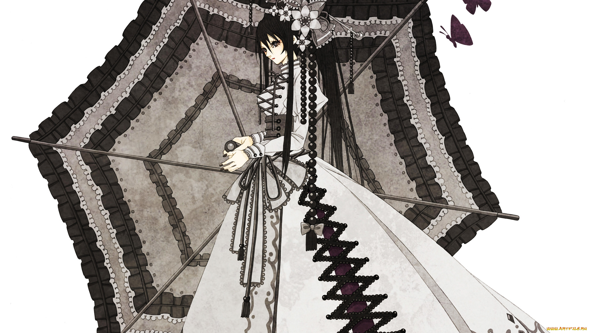 аниме, *unknown, , другое, девушка, бусы, корсет, украшения, бант, зонт, бабочки, платье