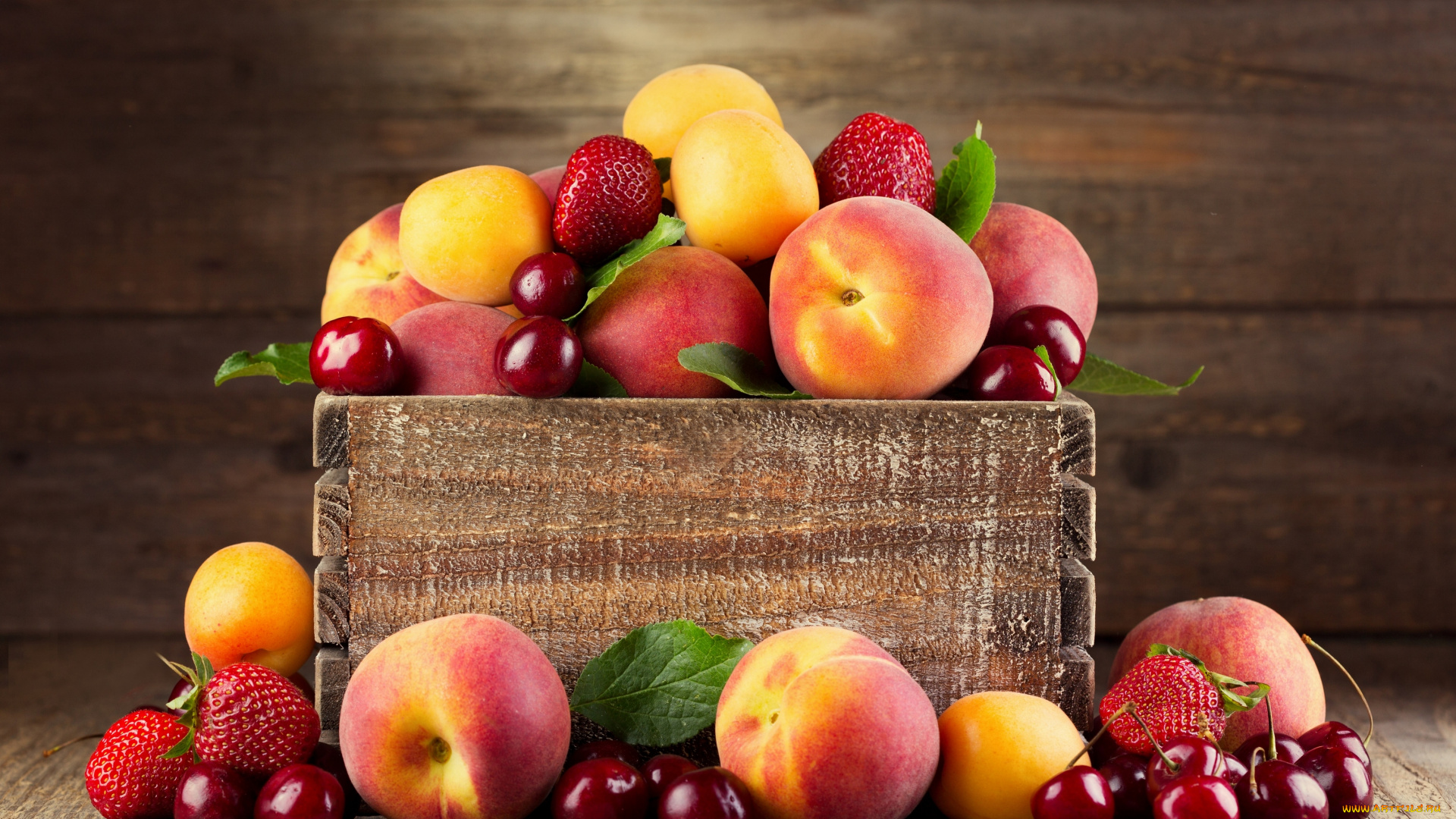 еда, фрукты, , ягоды, клубника, персик, ящик, ягоды, абрикос, черешня