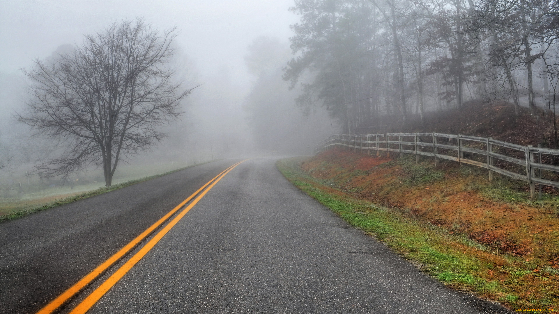 природа, дороги, пейзаж, забор, туман