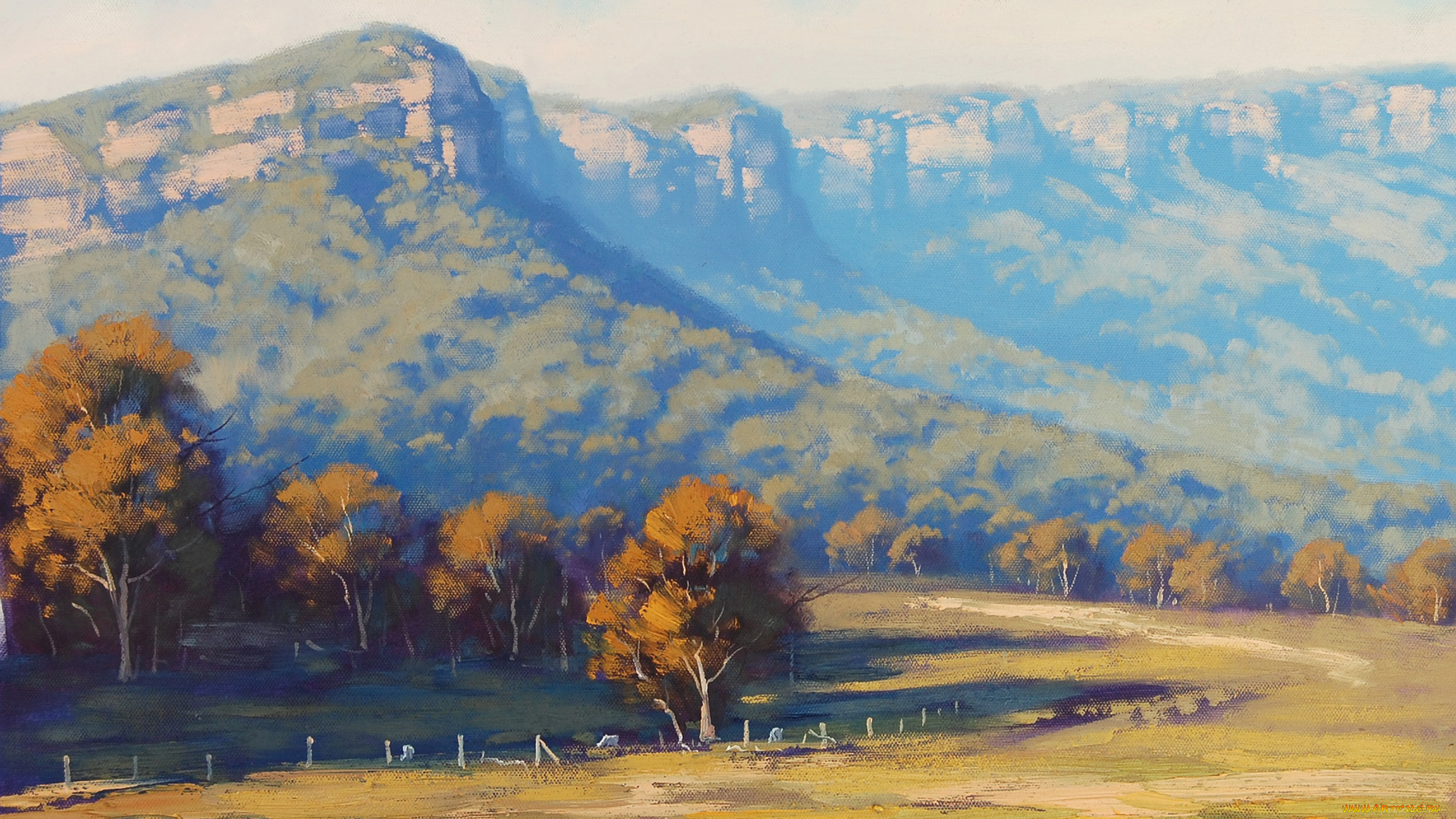 рисованные, живопись, деревья, горы, megalong, valley, artsaus
