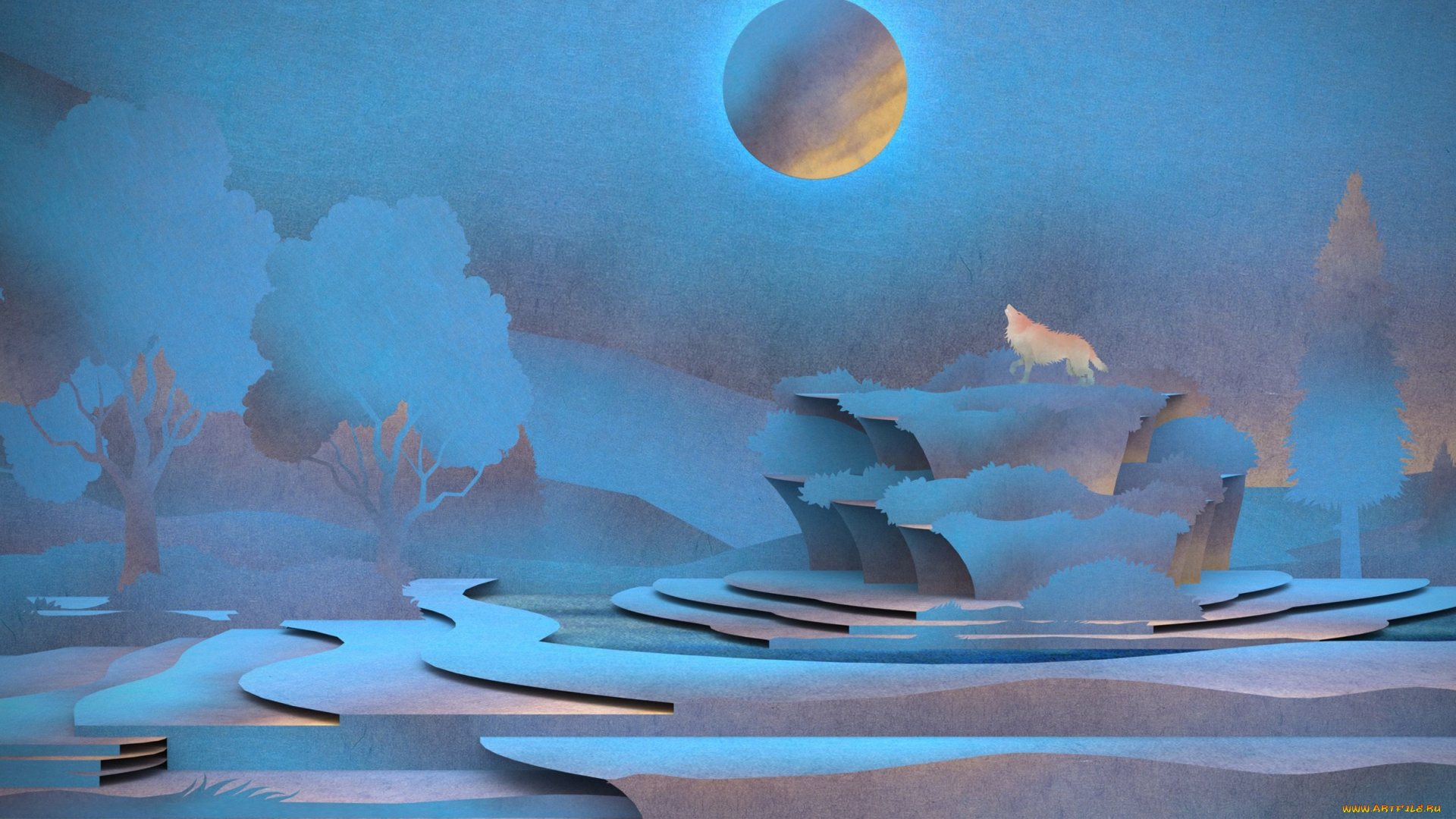 рисованные, животные, , волки, деревья, скала, луна, волк