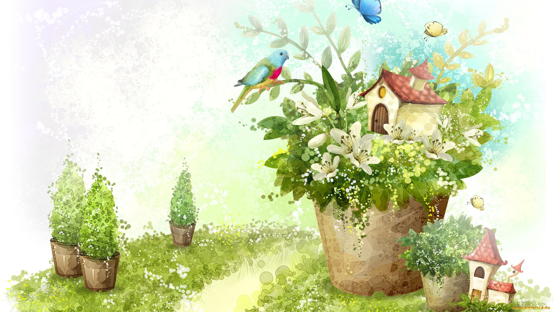 векторная, графика, природа, птицы, дерево