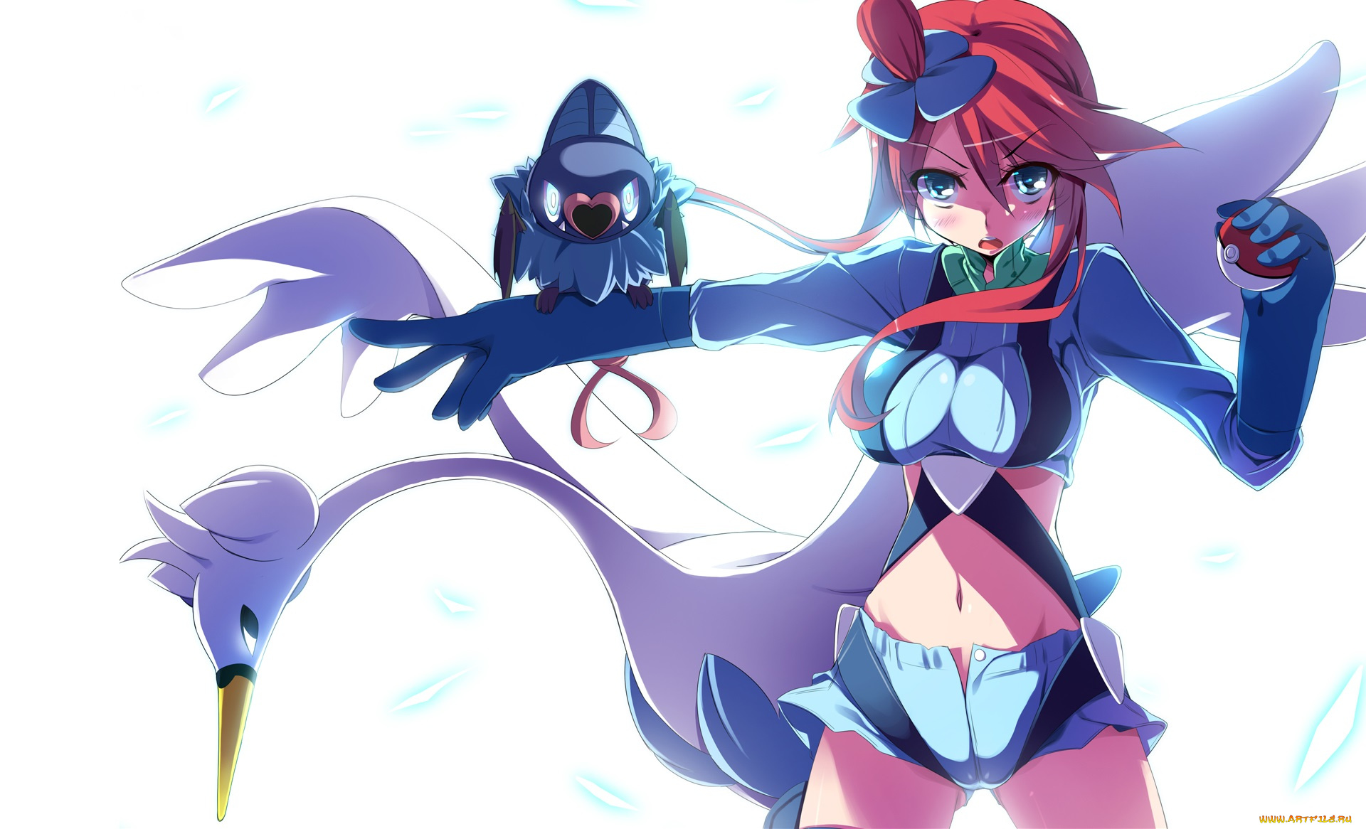 аниме, pokemon, шорты, взгляд, белый, фон, покемон, покебол, арт, девушка