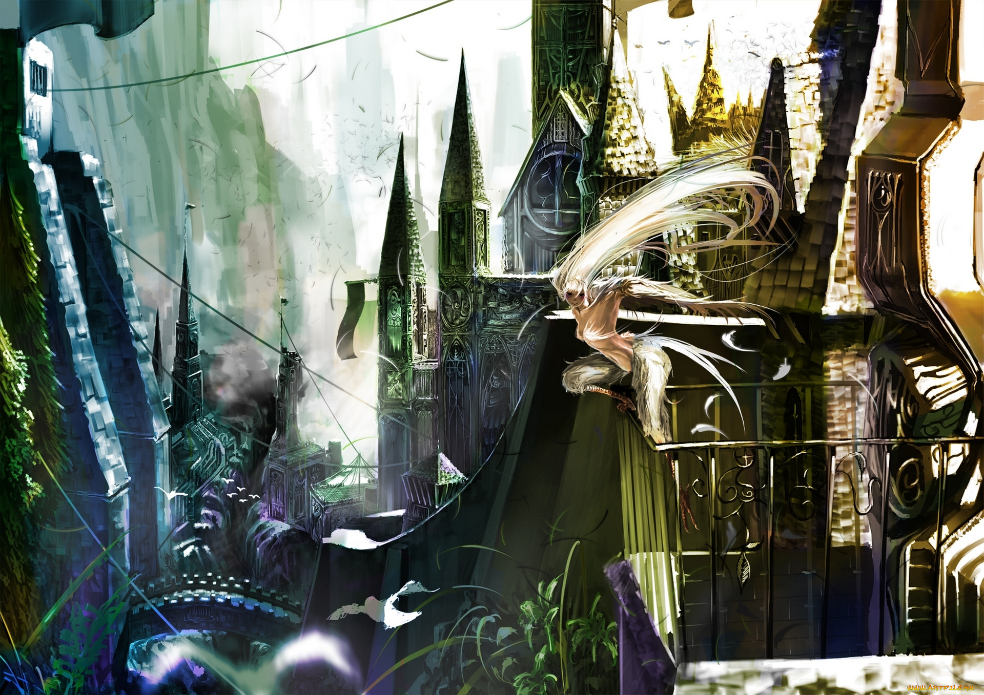 аниме, -animals, &, creatures, арт, karasu-san, syh3iua83, девушка, замок, трава, крылья, птица, перья, мост, флаг