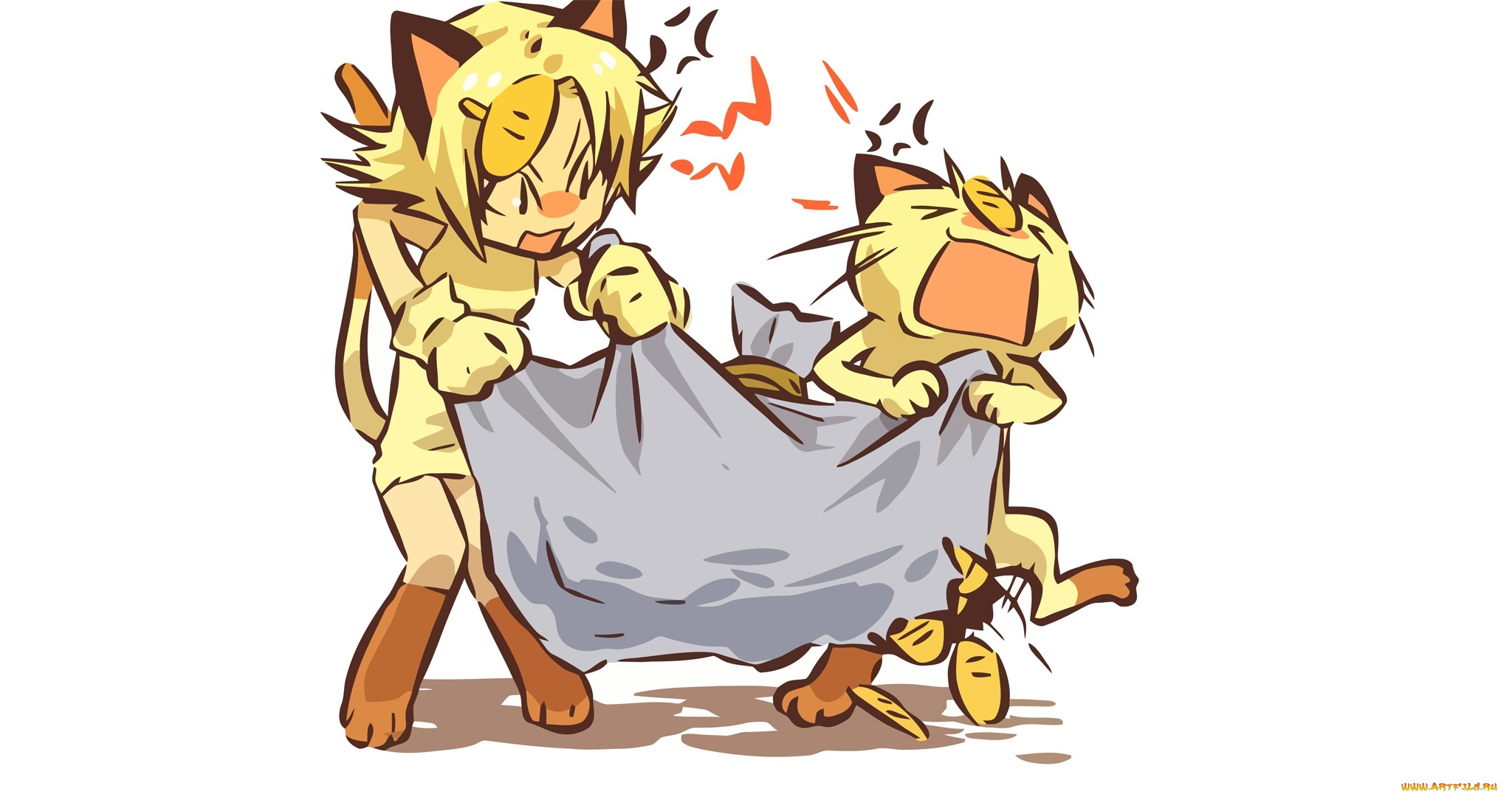аниме, pokemon, мяут, мешок, драка, девушка, белый, фон, покемон, арт