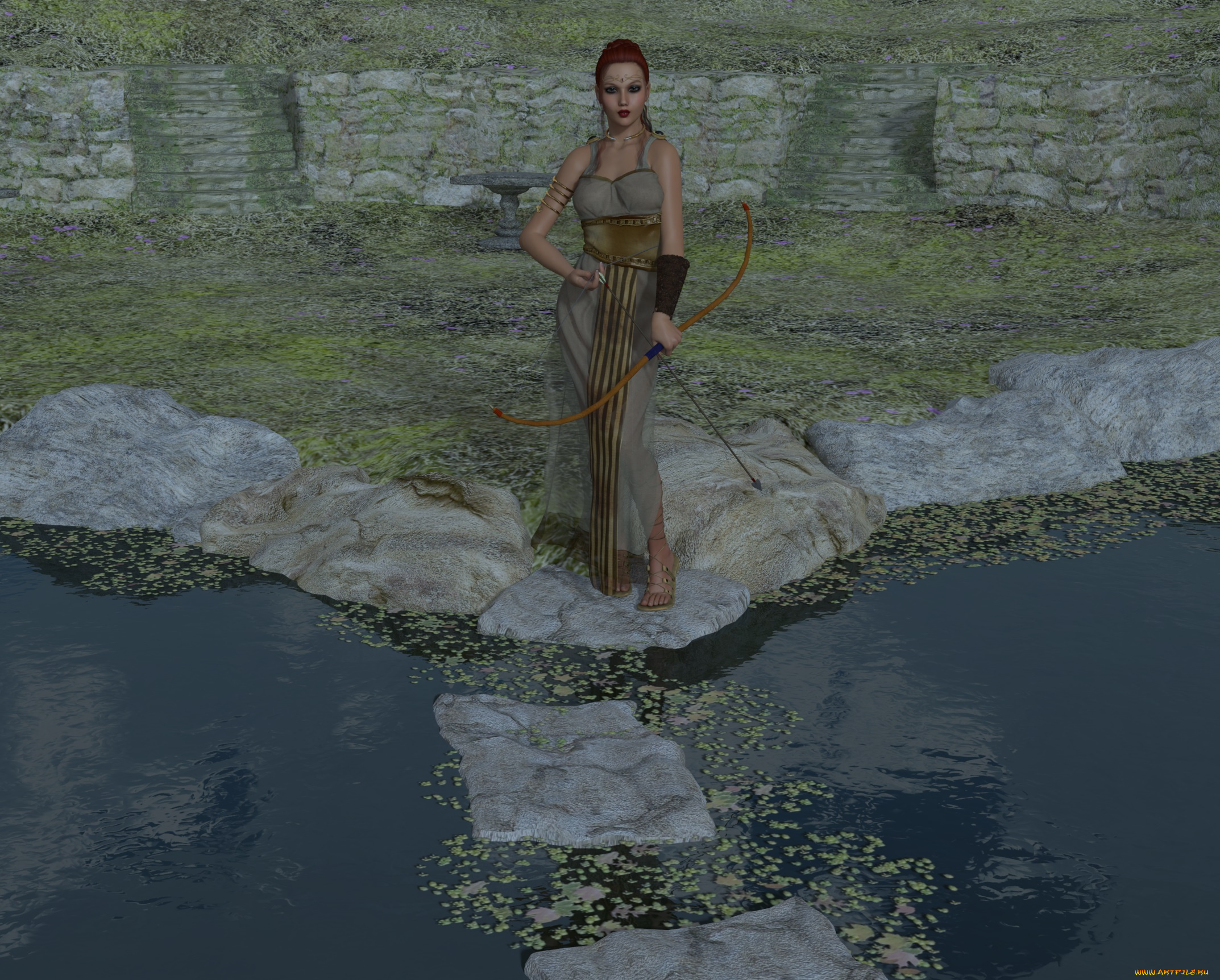 3д, графика, амазонки, , amazon, взгляд, девушка, вода, лук