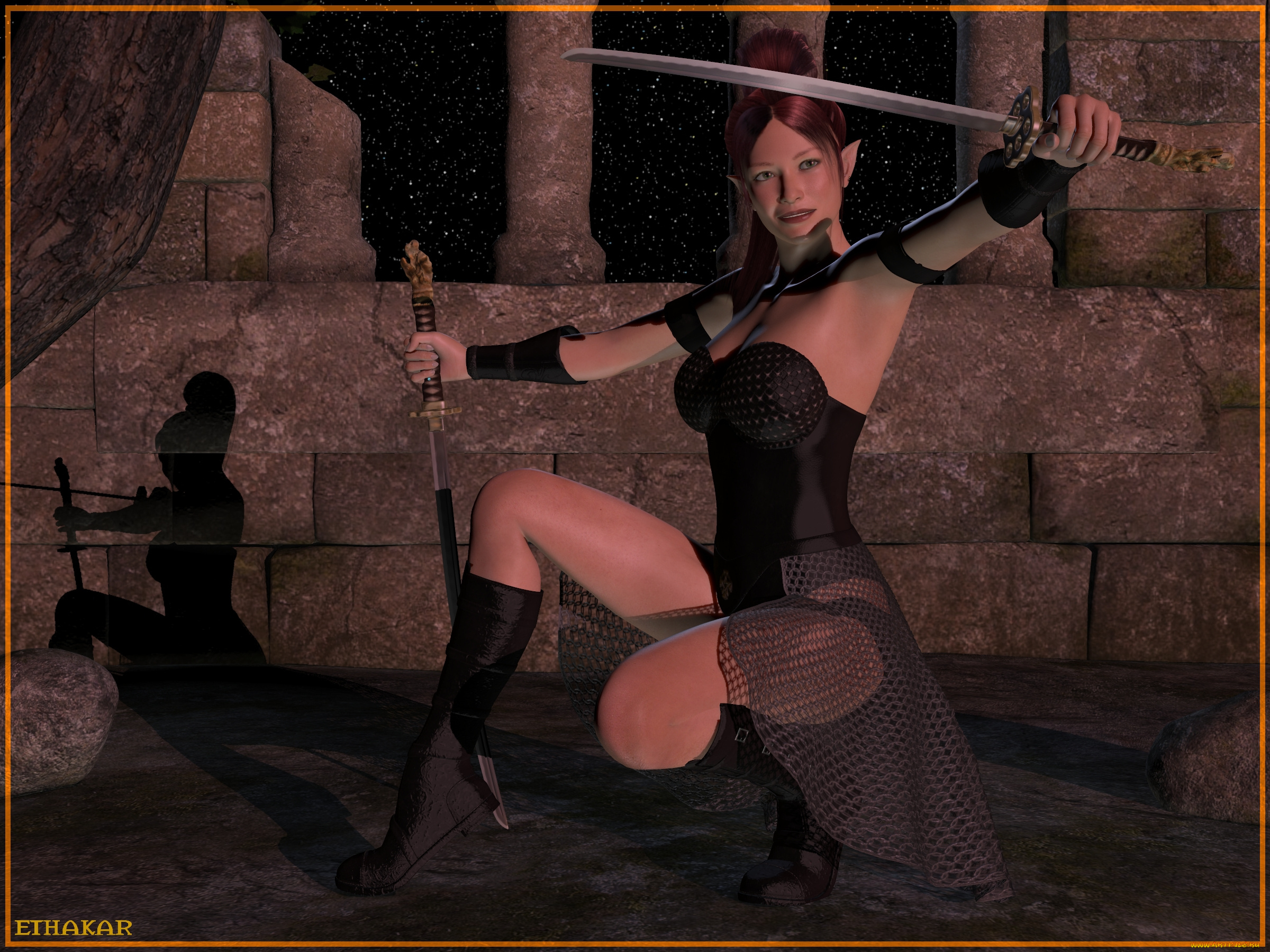 3д, графика, эльфы, , elves, оружие, взгляд, эльфийка