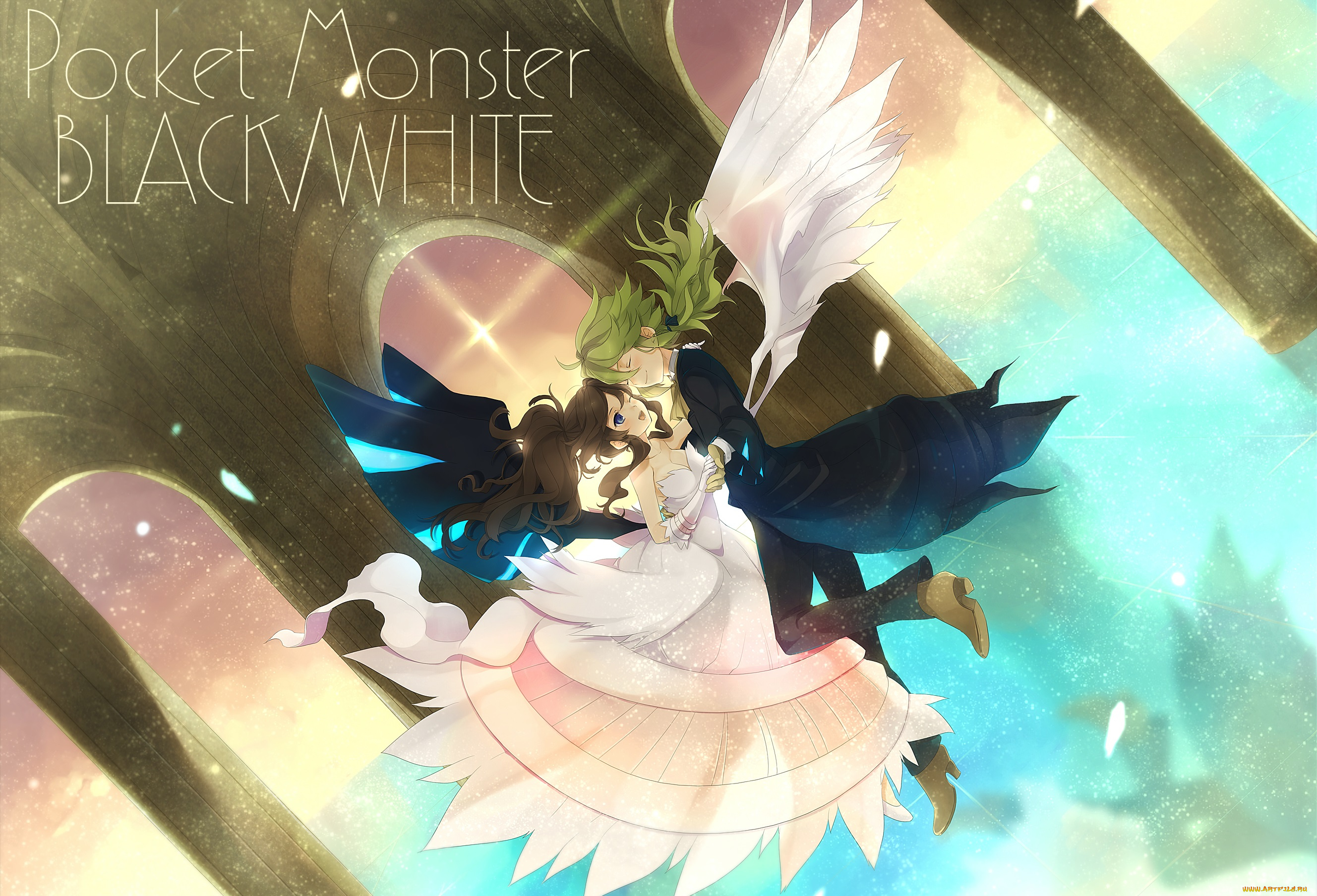 аниме, pokemon, романтика, арт, покемон, парень, девушка, крылья, полёт