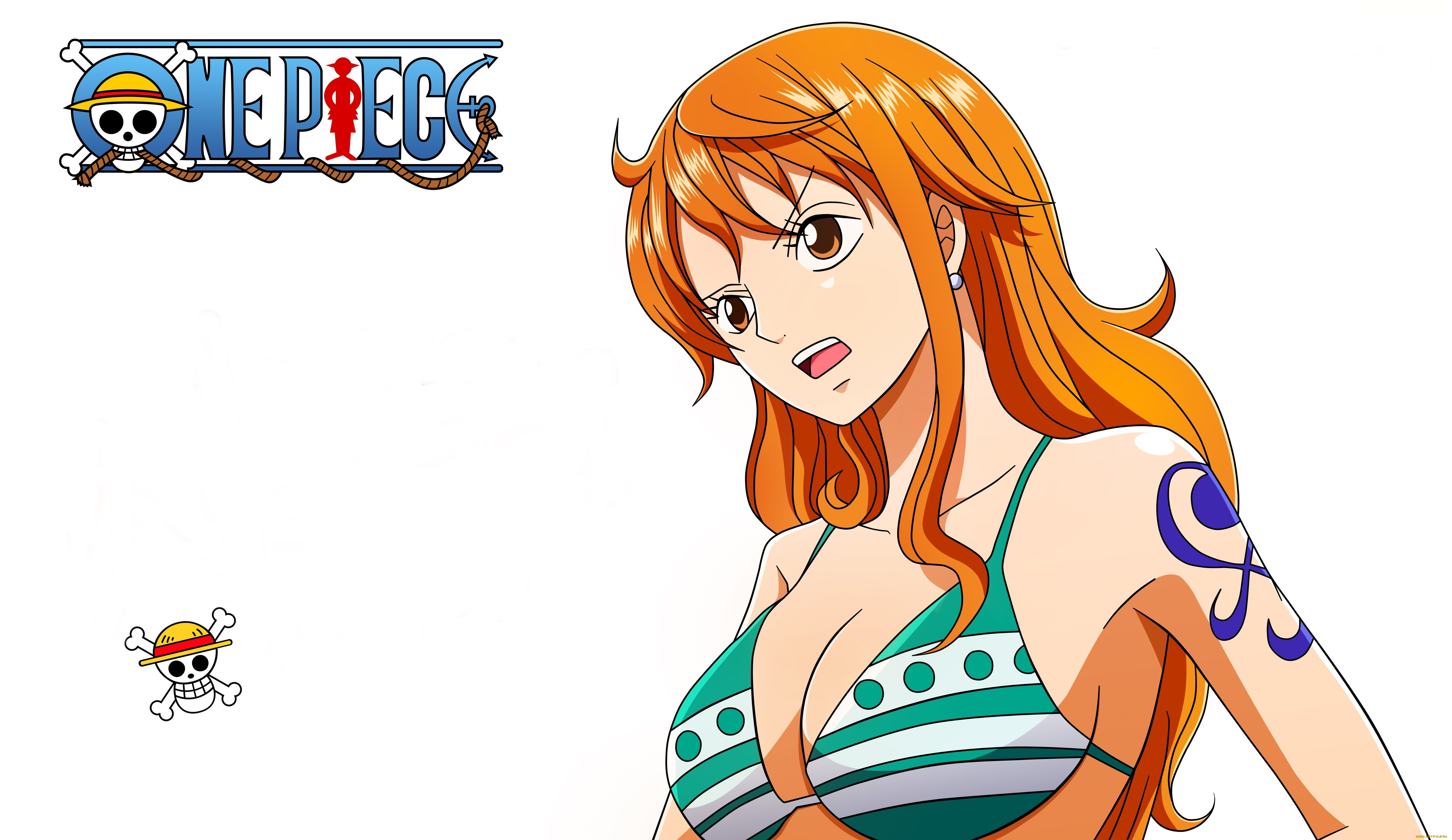 аниме, one, piece, рыжая, one, piece, девушка, bikini, купальник, белый, фон, тату, nami