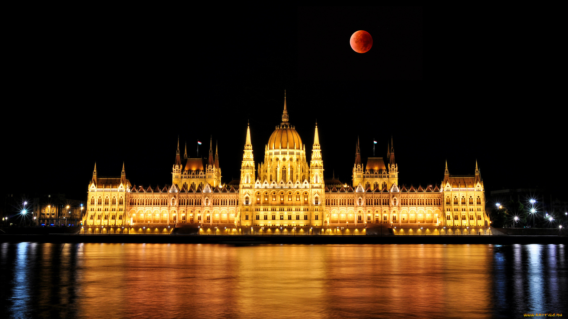 budapest, parliament, города, будапешт, , венгрия, огни, дворец, луна, ночь