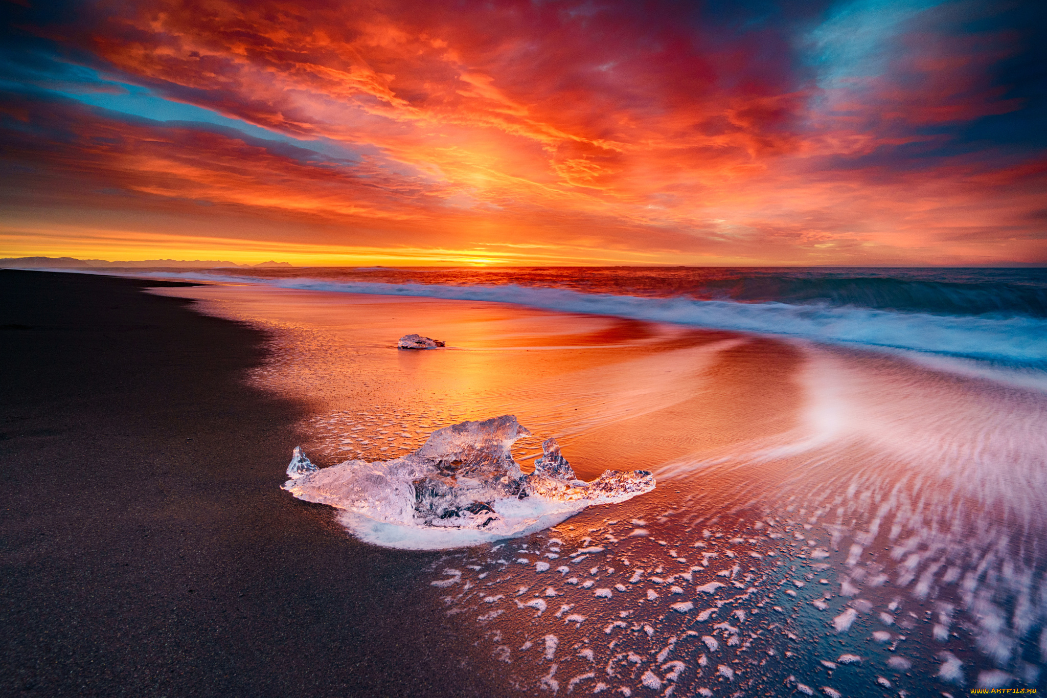 природа, восходы, закаты, sky, water, sun, sea, fire, iceland, beach, sunset, ice