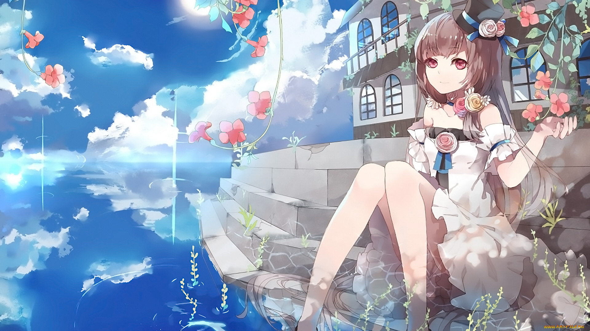 аниме, город, , улицы, , здания, девушка