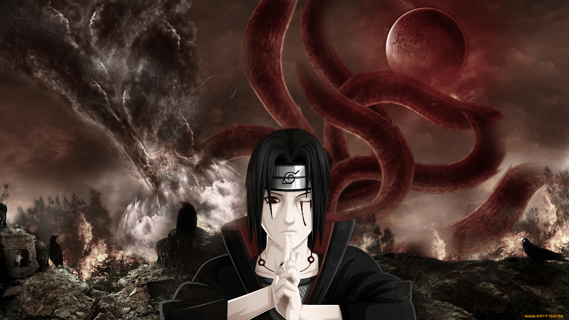 аниме, naruto, шиноби, ворон, луна, аматерасу, shinobi, uchiha, itachi, кьюби, кровь, ниндзя