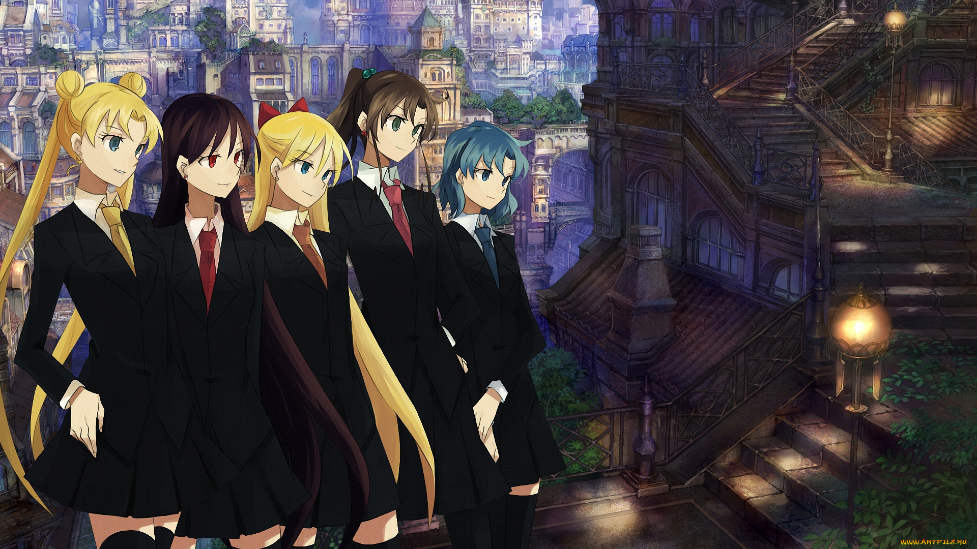 аниме, sailor, moon, venus, jupiter, город, девушки, войны, girls, mercury, mars, sailor, moon