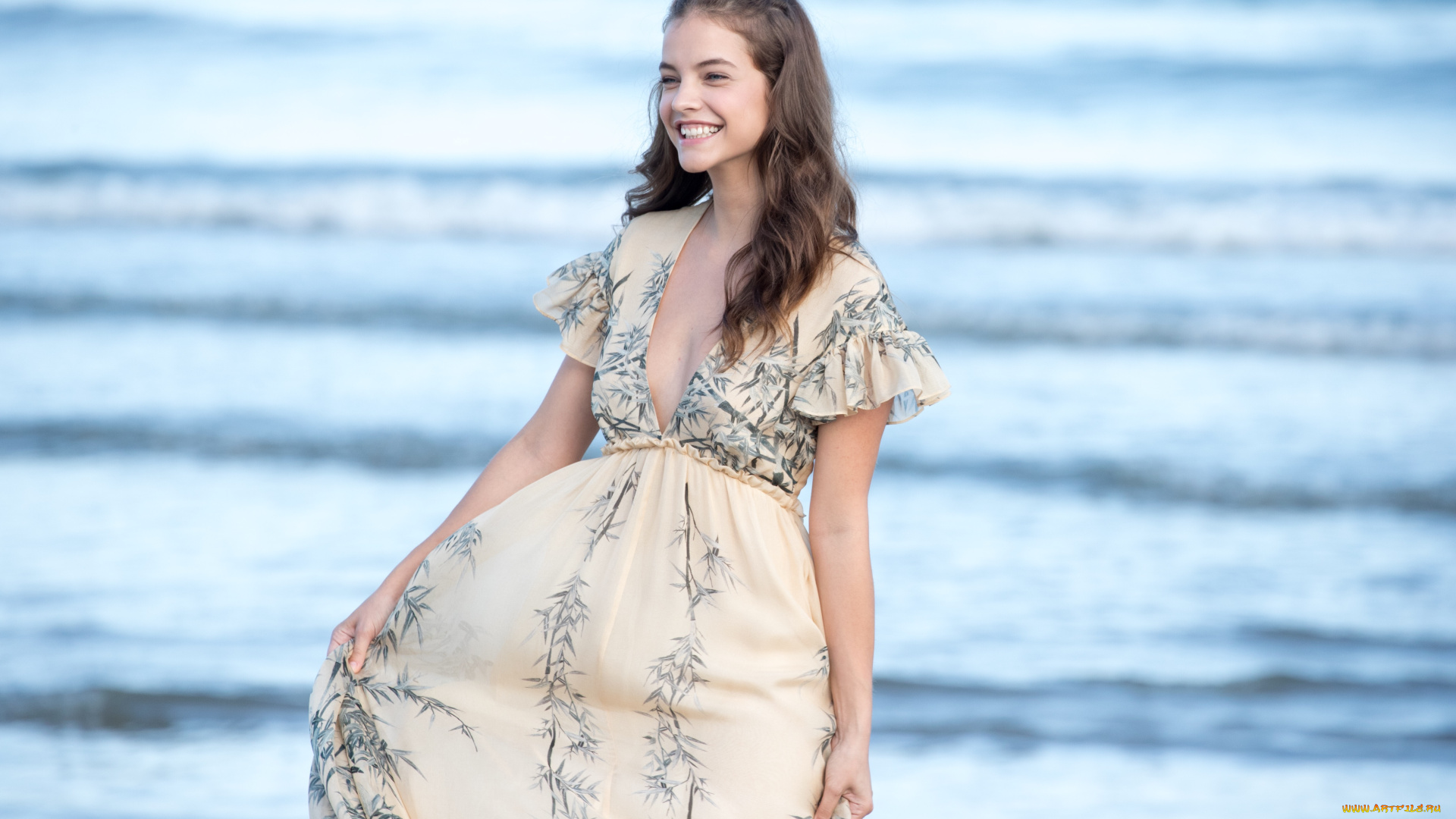 девушки, barbara, palvin, платье, модель, улыбка, море