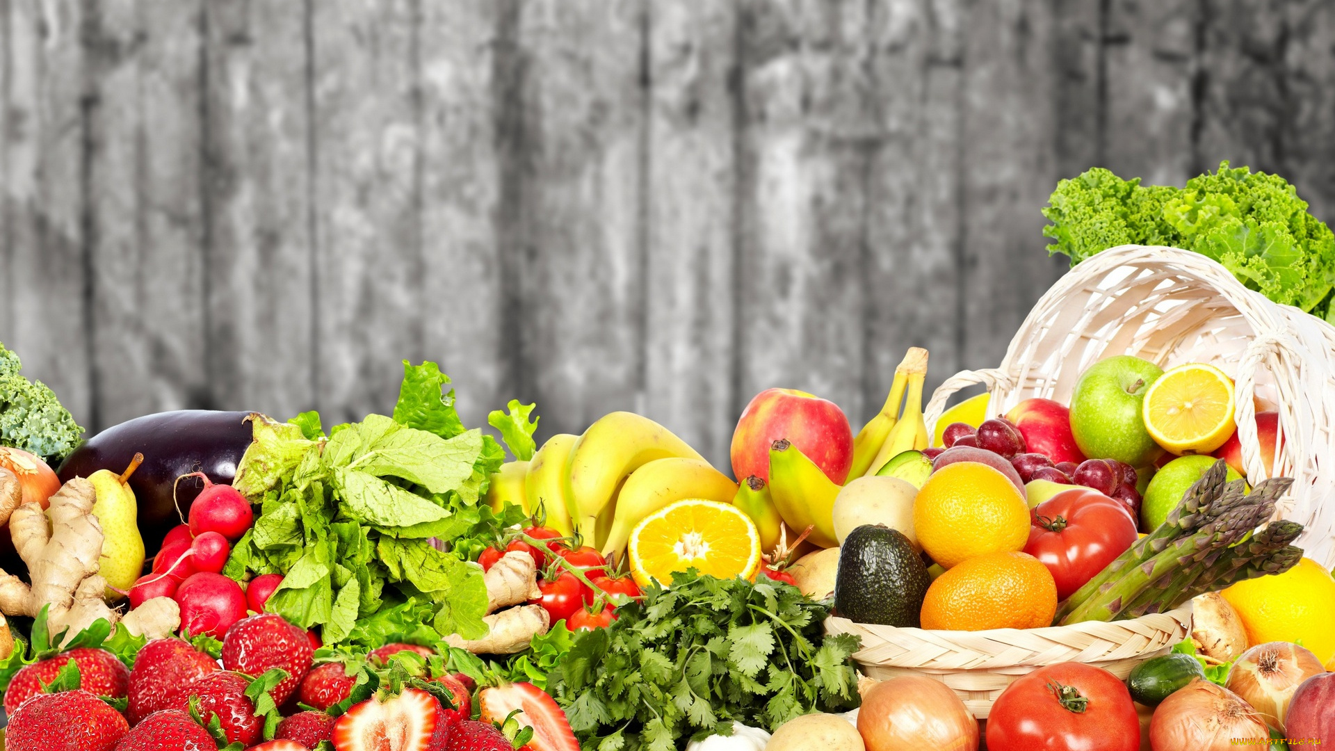 еда, фрукты, и, овощи, вместе, клубника, банан, лук, корзина, картофель