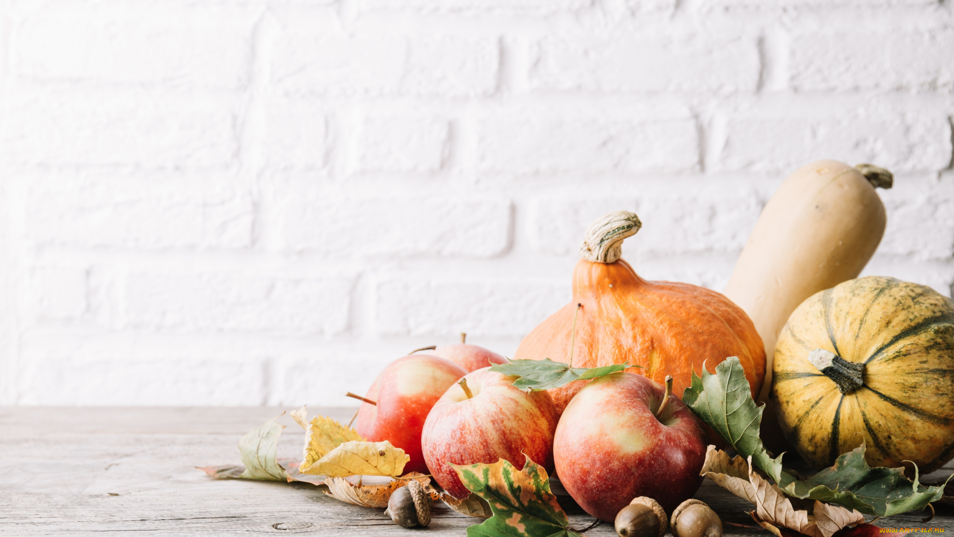 еда, фрукты, и, овощи, вместе, осень, листья, плоды, яблоко, тыква
