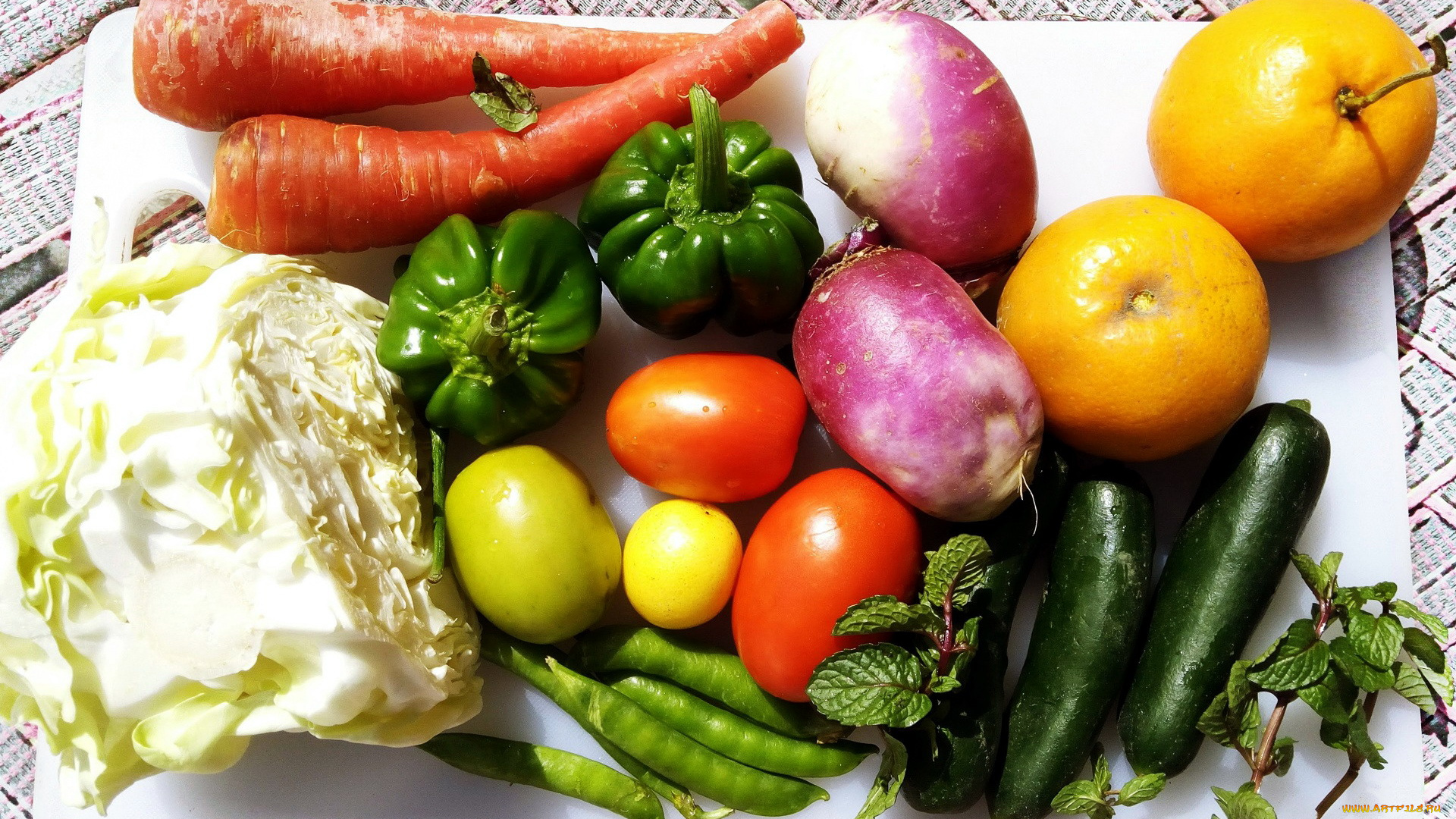 еда, фрукты, и, овощи, вместе, перец, морковь, фасоль, помидоры, апельсины