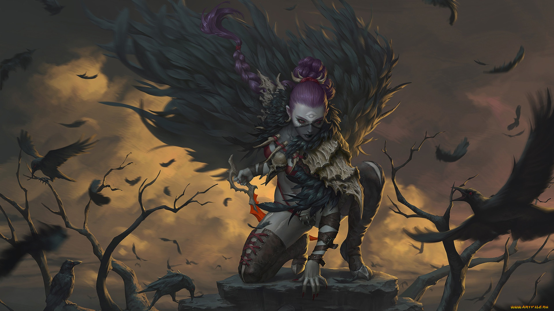 фэнтези, девушки, перья, птицы, девушка, вороны