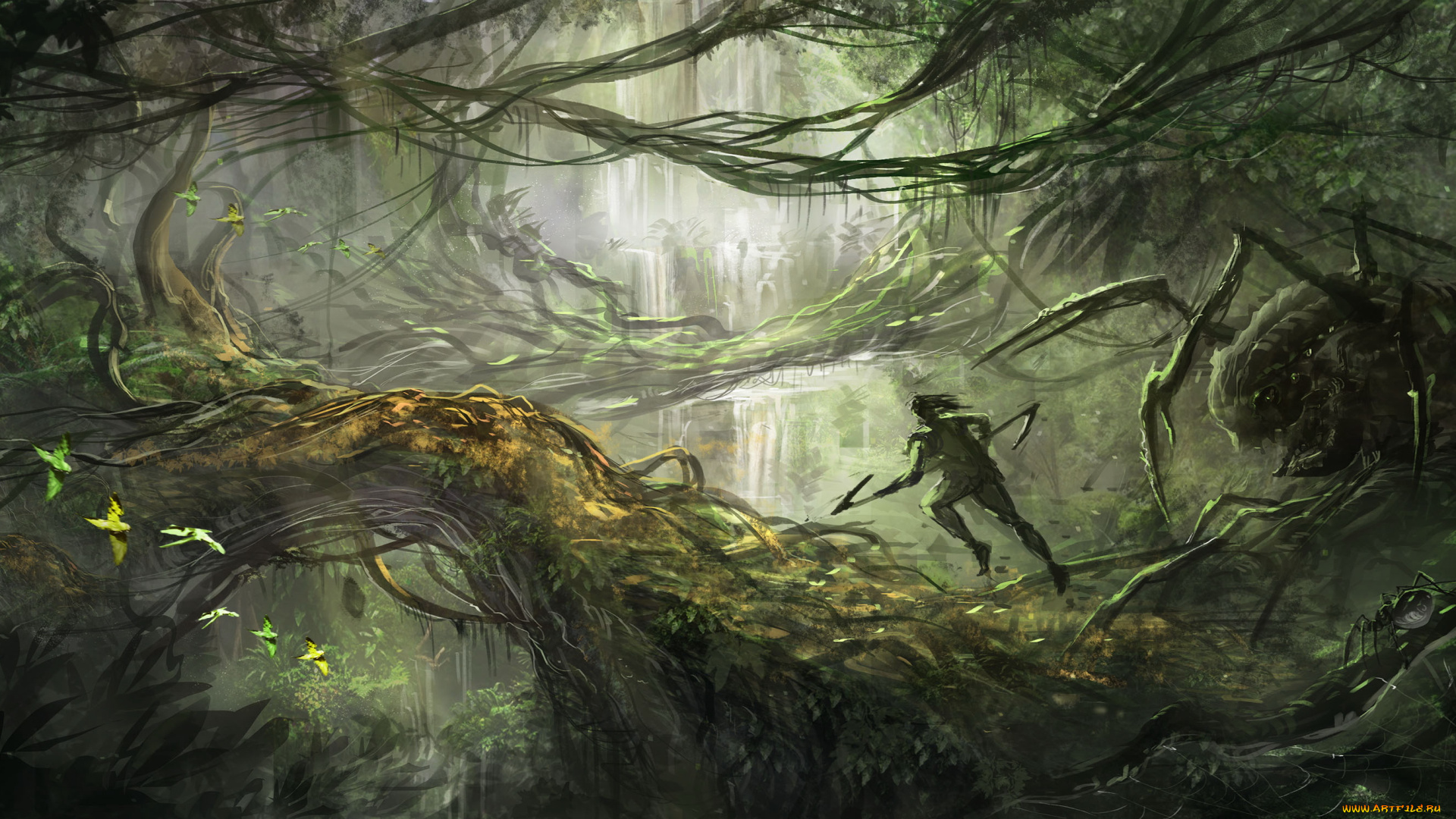 фэнтези, существа, джунгли, монстр, чудовище, ветки, воин, птицы