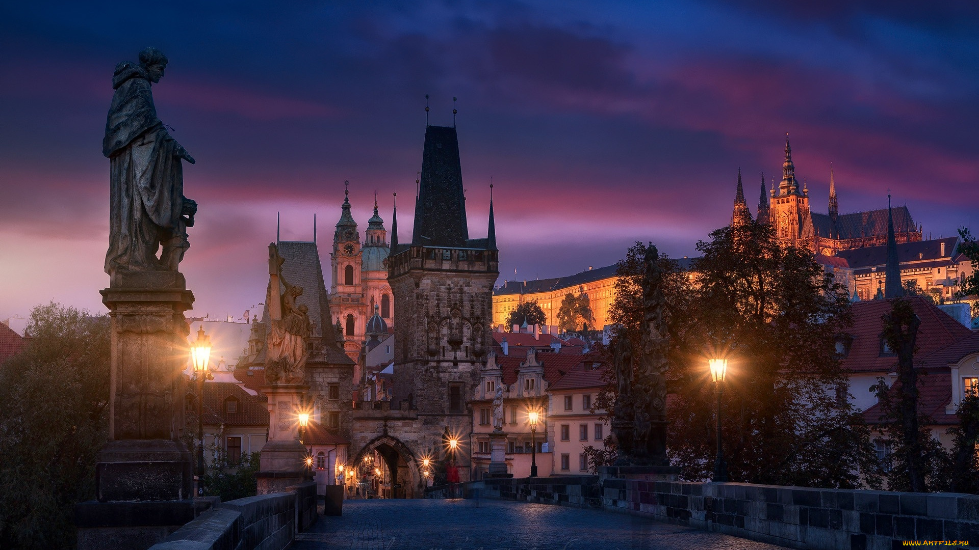 города, прага, , Чехия, город, мост, прага, вечер, огни