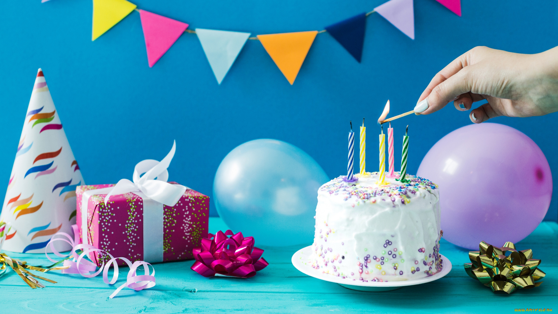праздничные, день, рождения, свечи, шары, день, рождение, праздник, торт
