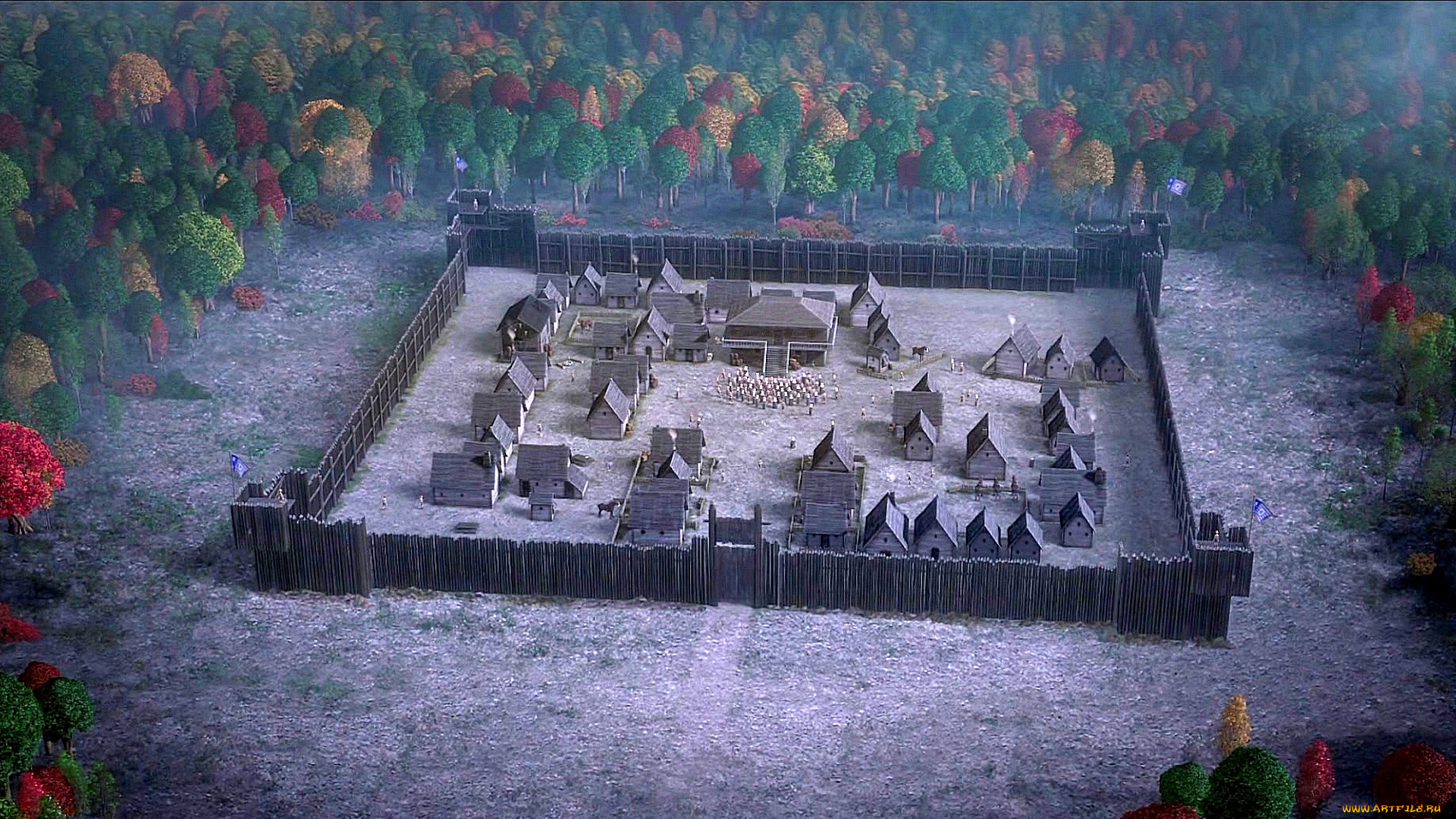 рисованное, города, деревья, лес, деревня, частокол, дом