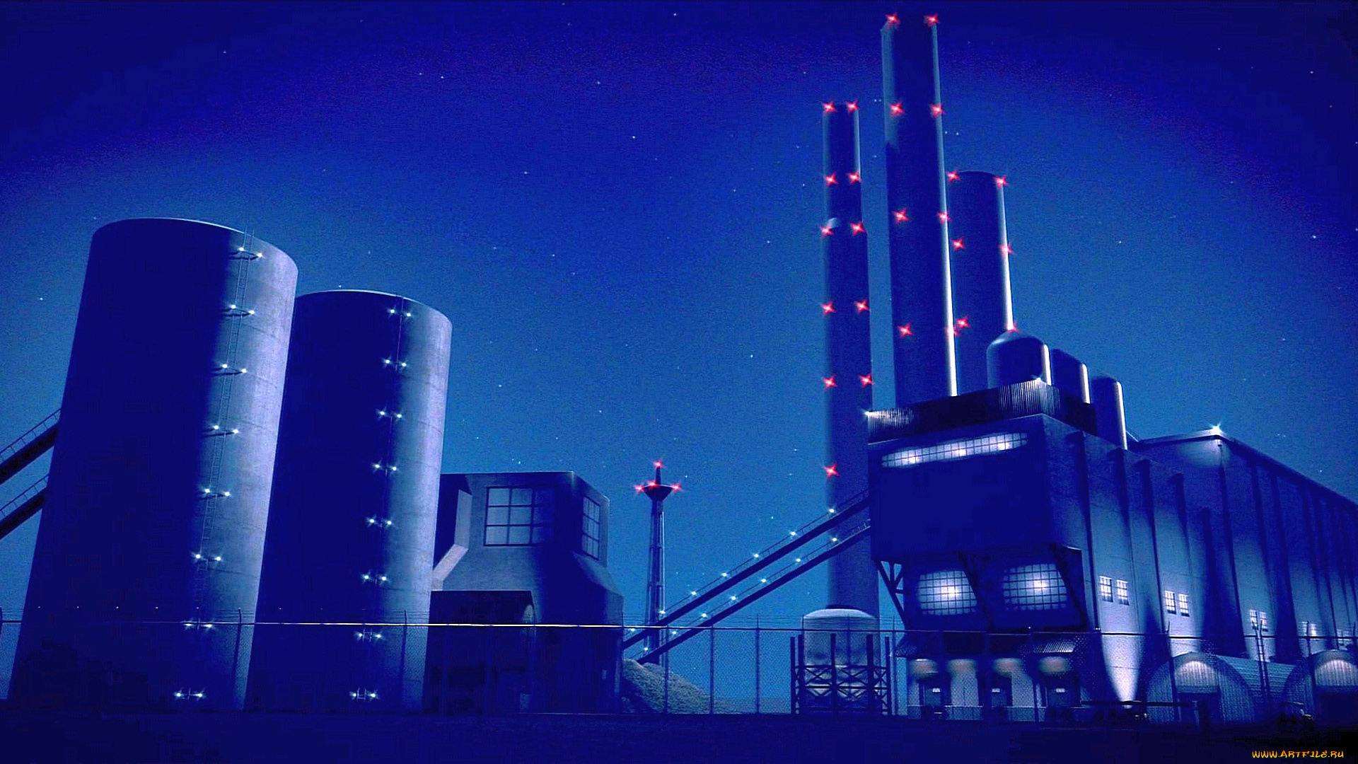 рисованное, города, завод, освещение, ночь
