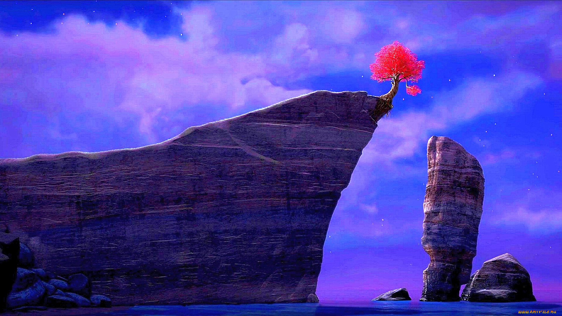 рисованное, природа, дерево, утес, водоем, облака, ночь