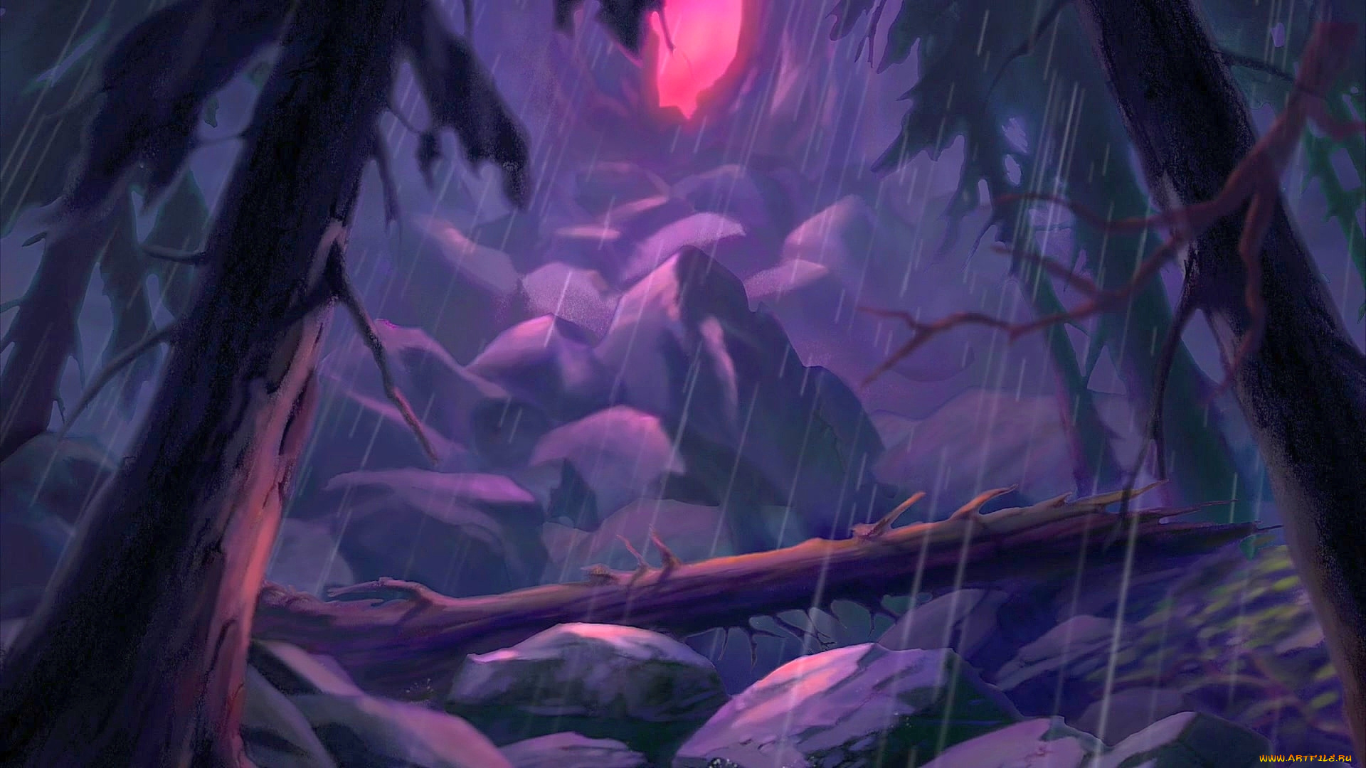 рисованное, природа, деревья, камни, дождь