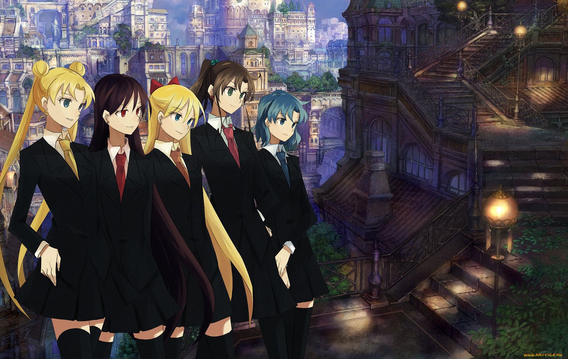 аниме, sailor, moon, venus, jupiter, город, девушки, войны, girls, mercury, mars, sailor, moon