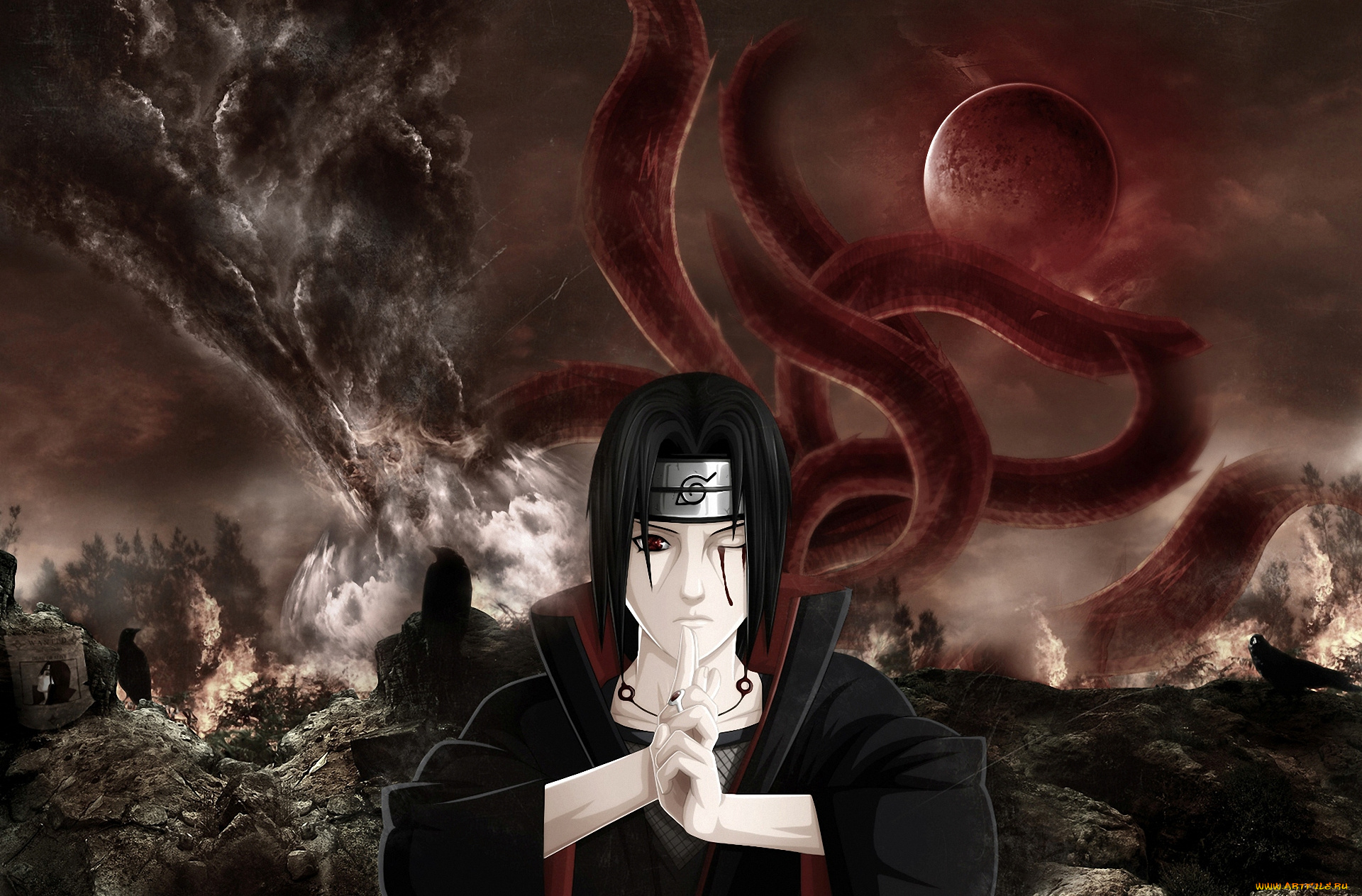 аниме, naruto, шиноби, ворон, луна, аматерасу, shinobi, uchiha, itachi, кьюби, кровь, ниндзя
