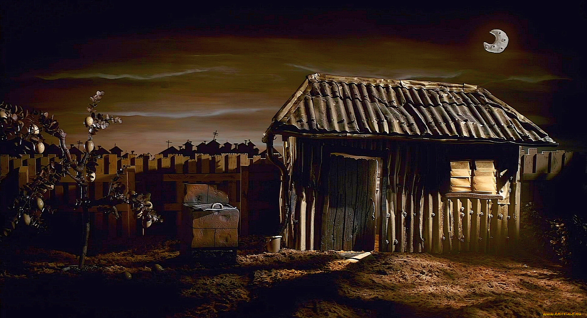 рисованное, города, изба, луна, растения, ночь