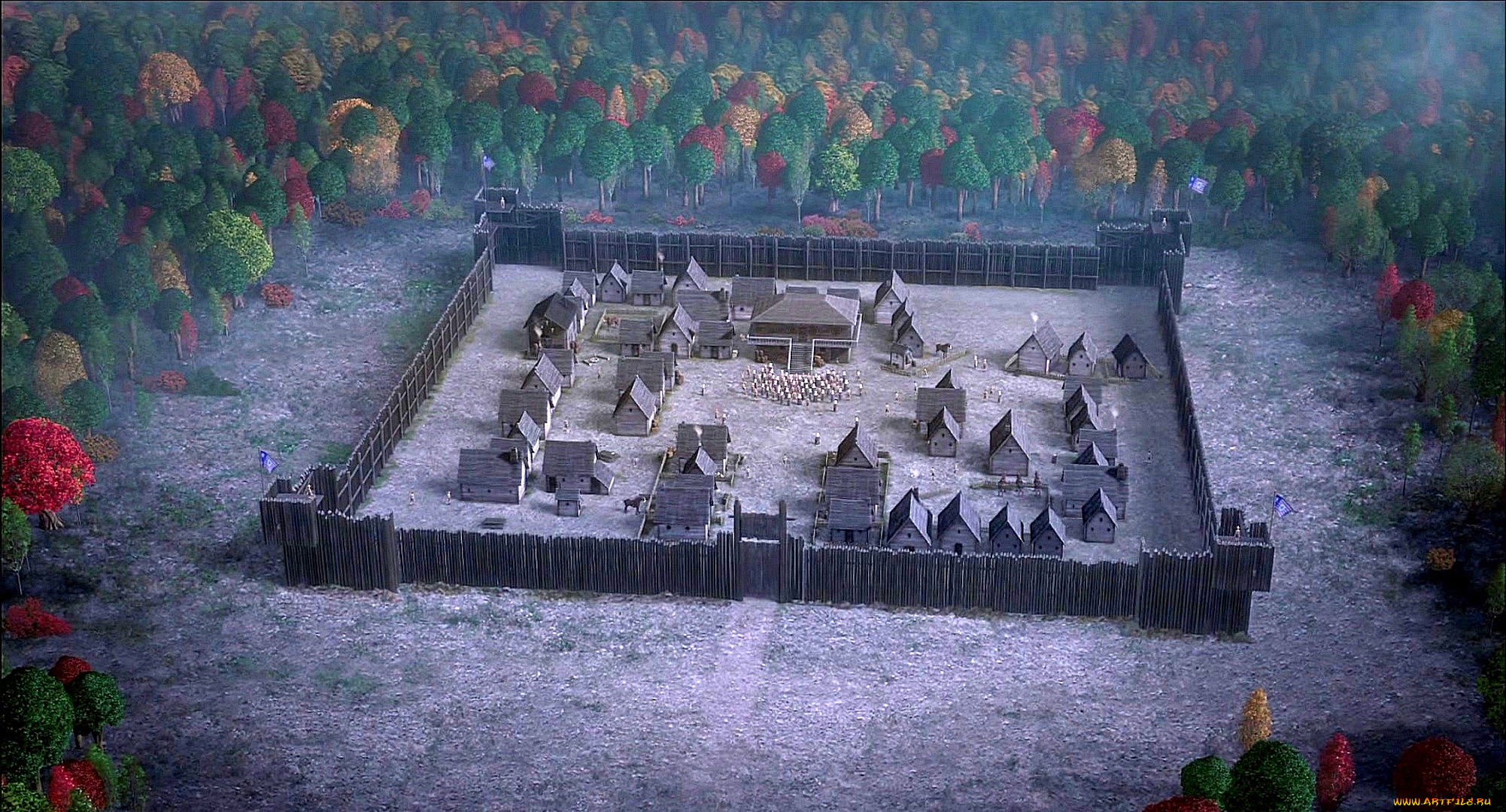 рисованное, города, деревья, лес, деревня, частокол, дом