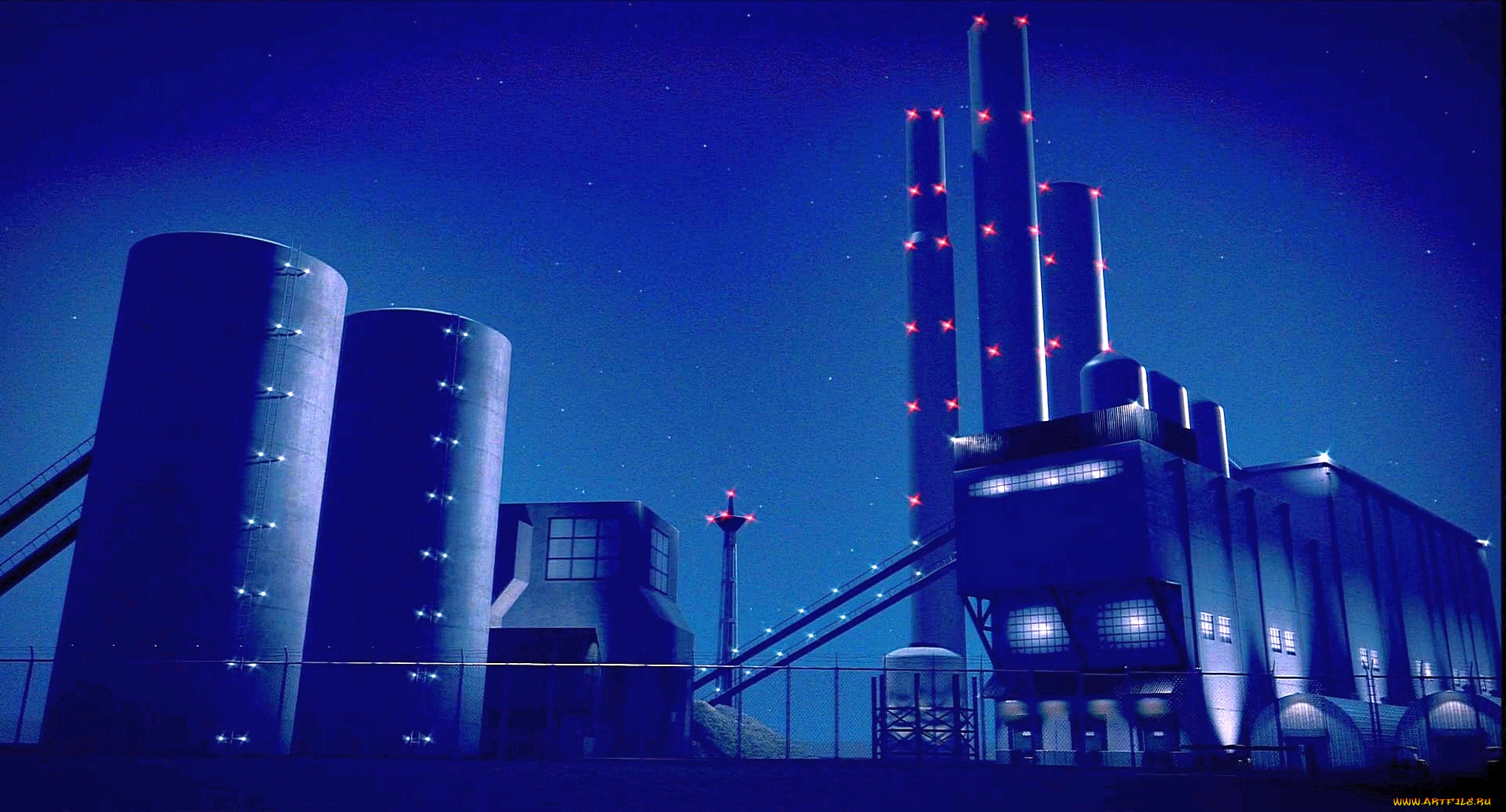 рисованное, города, завод, освещение, ночь