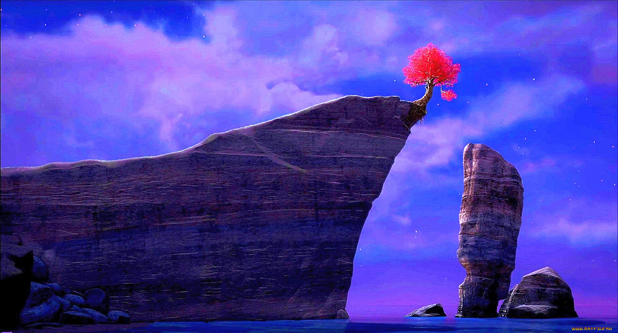 рисованное, природа, дерево, утес, водоем, облака, ночь