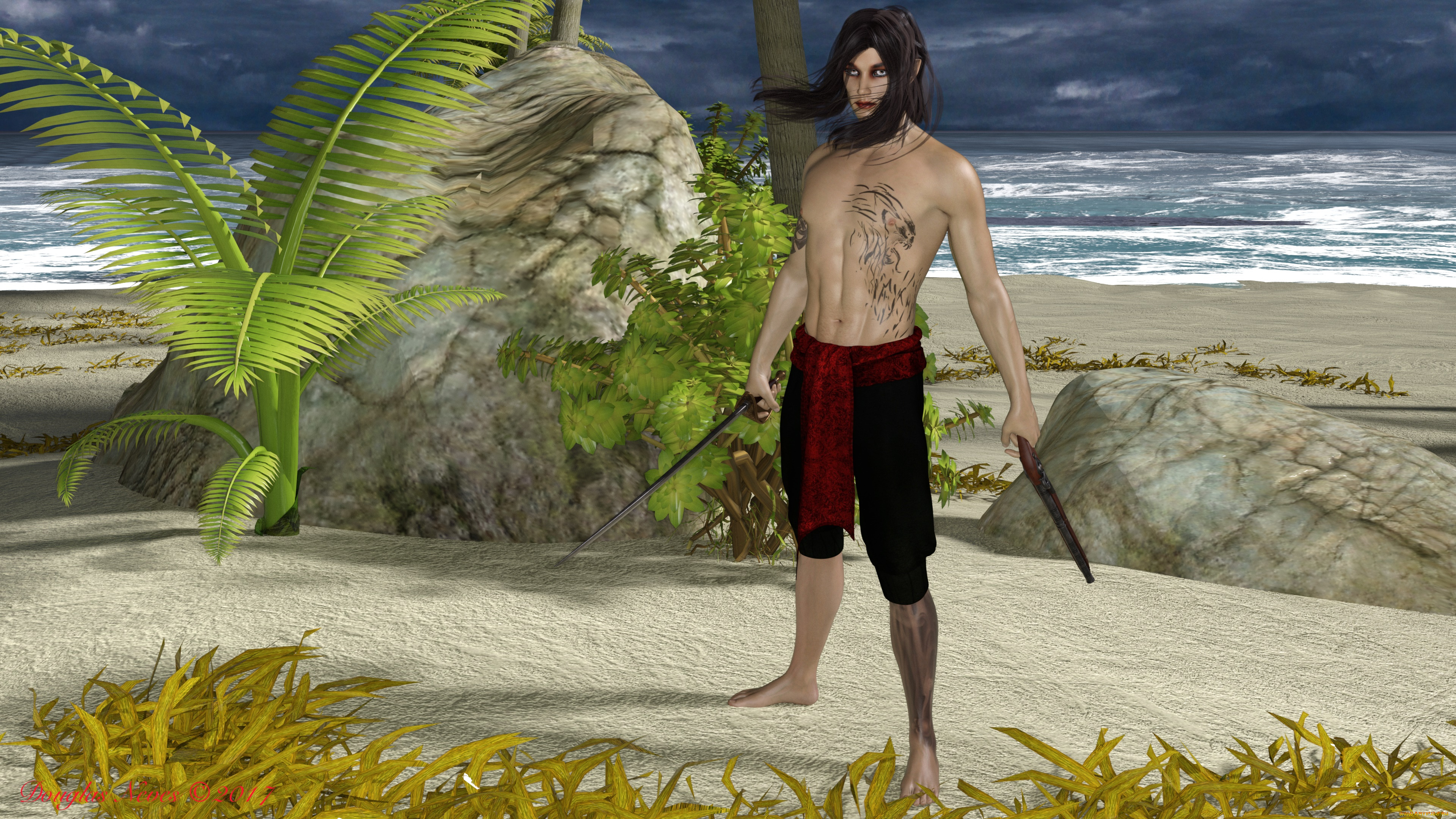 3д, графика, фантазия, , fantasy, взгляд, мужчина, фон, оружие