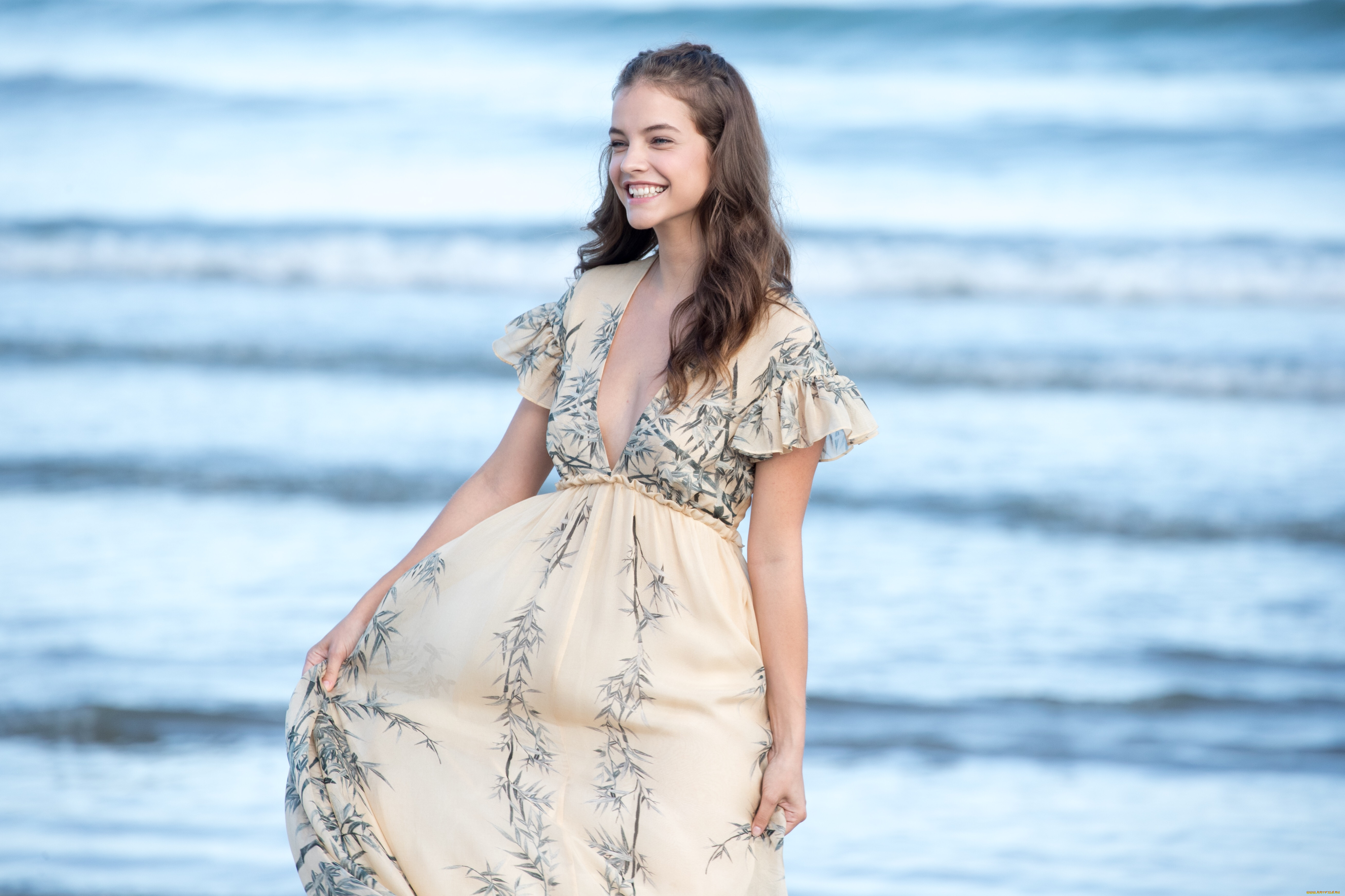 девушки, barbara, palvin, платье, модель, улыбка, море