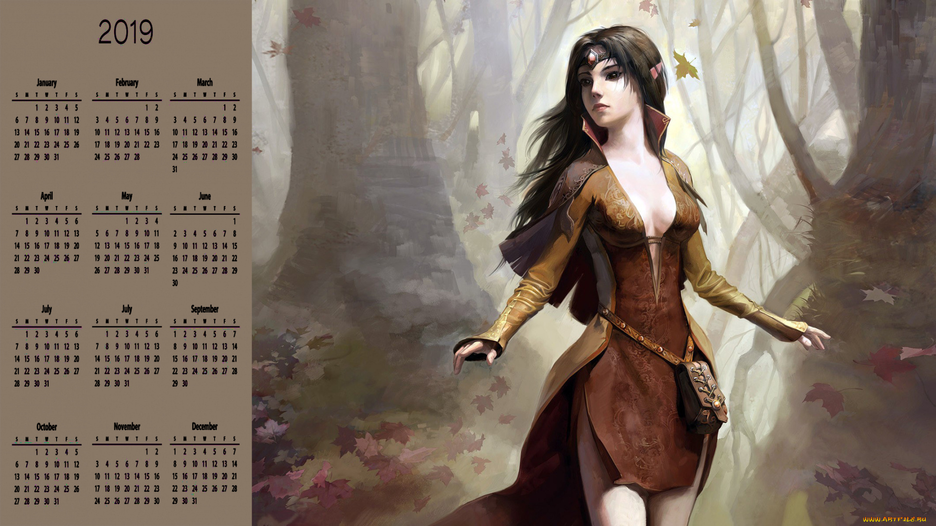 календари, фэнтези, лес, деревья, листья, девушка