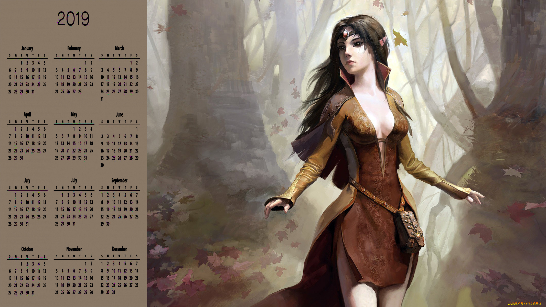 календари, фэнтези, лес, деревья, листья, девушка