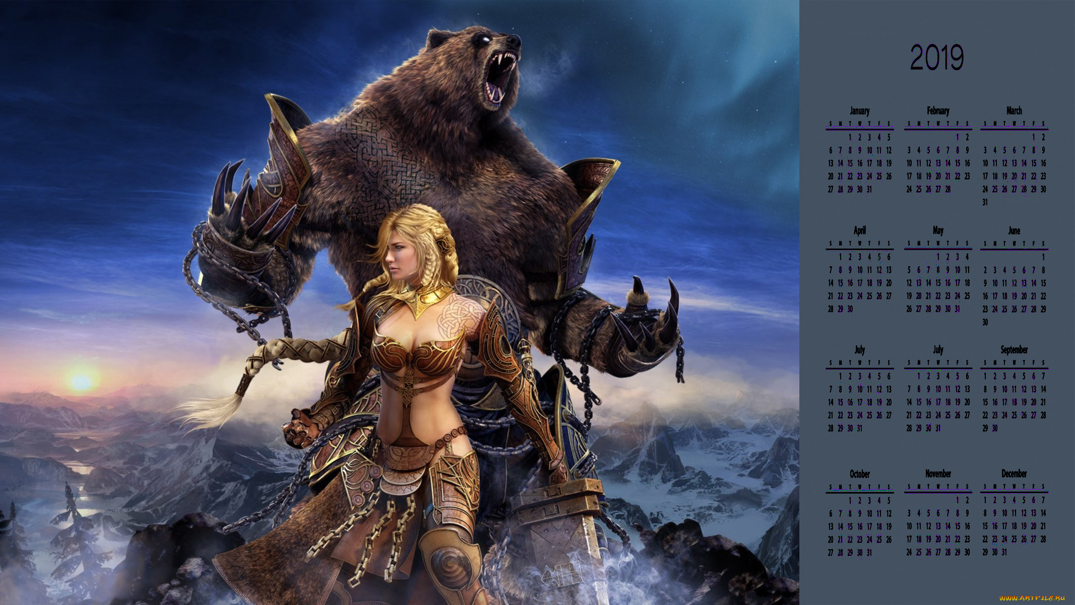 календари, фэнтези, медведь, девушка