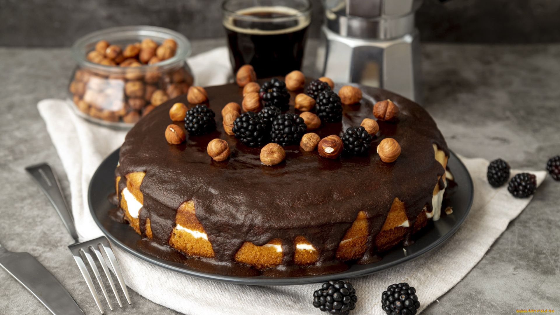 еда, торты, ежевика, торт, орехи