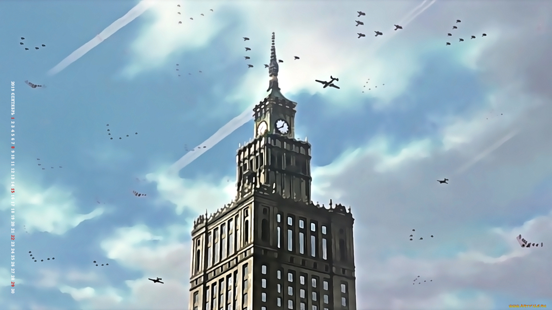 календари, аниме, 2019, calendar, часы, самолет, здание