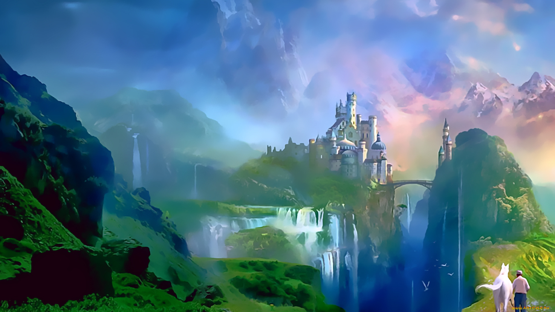 календари, фэнтези, 2019, дворец, природа, лошадь, водопад, calendar, растение, конь