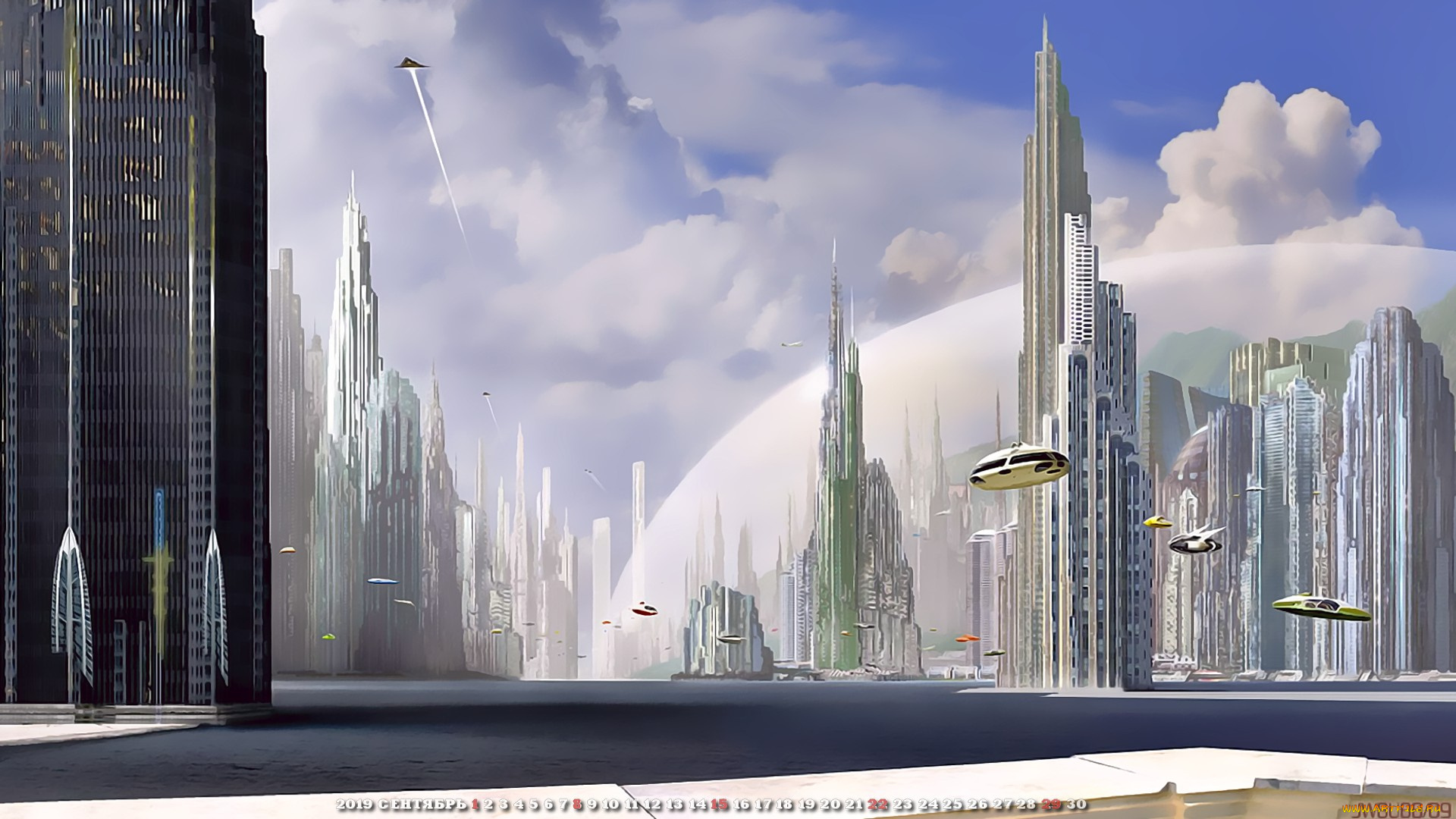 календари, фэнтези, звездолет, здание, небоскреб, сооружение, город, calendar, 2019