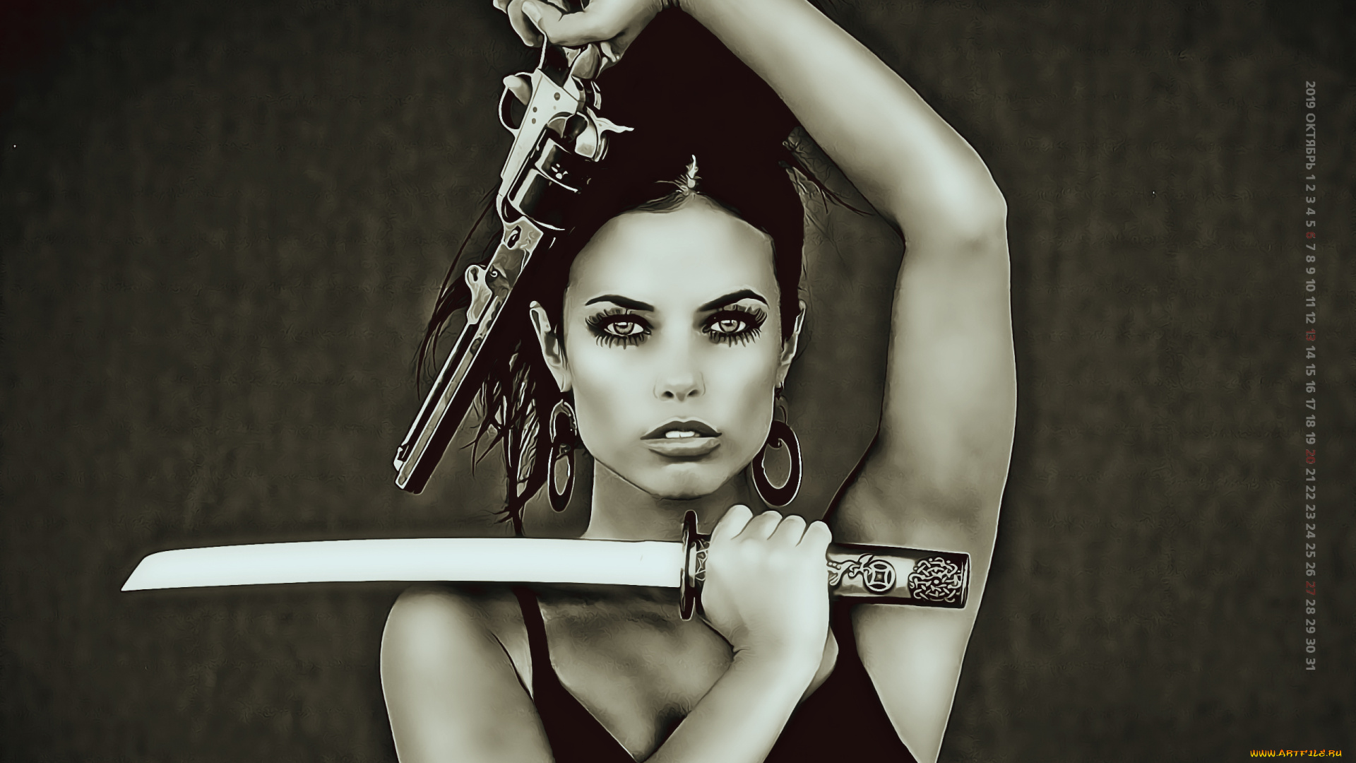 календари, компьютерный, дизайн, оружие, девушка, взгляд, 2019, calendar, женщина