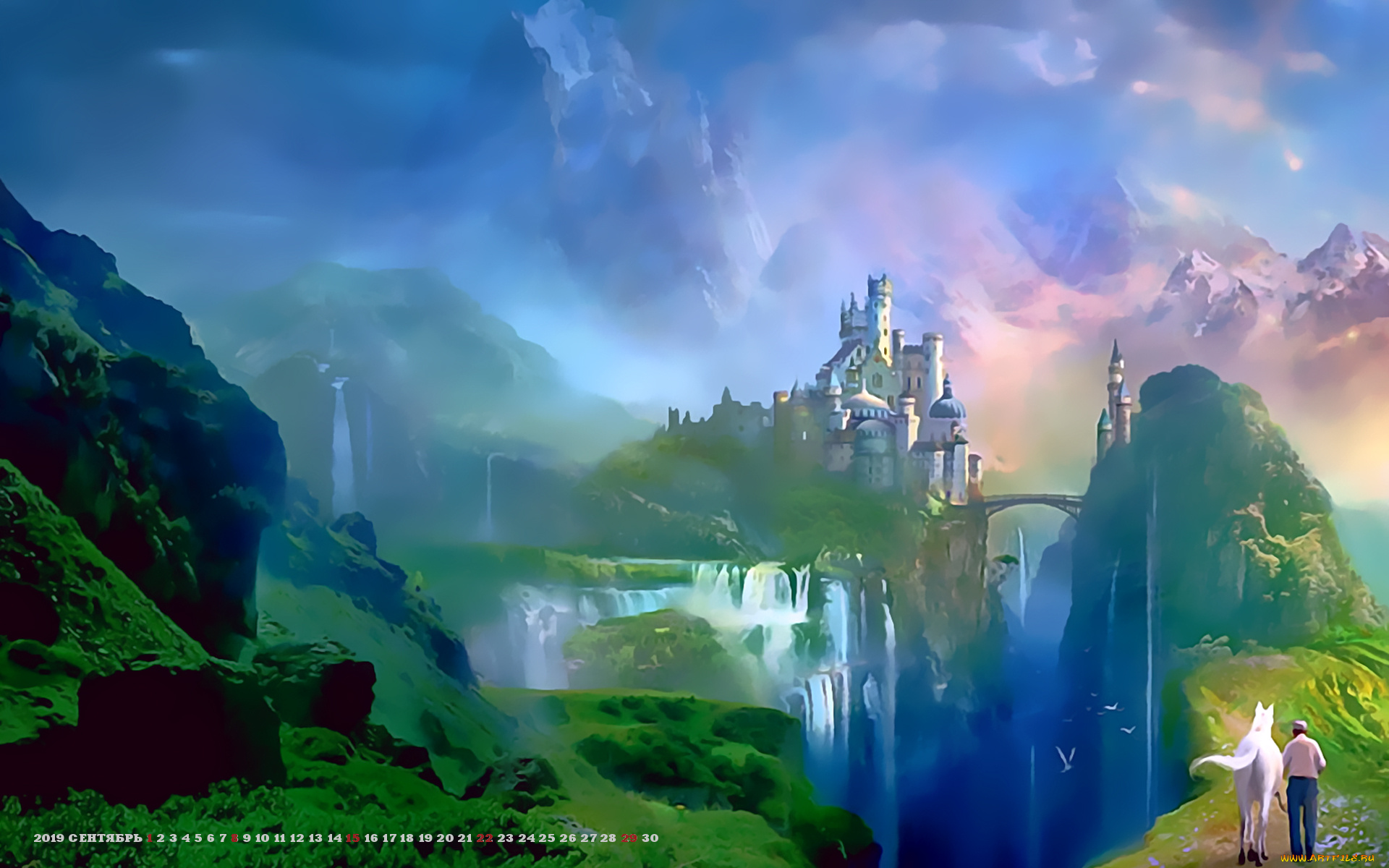 календари, фэнтези, 2019, дворец, природа, лошадь, водопад, calendar, растение, конь