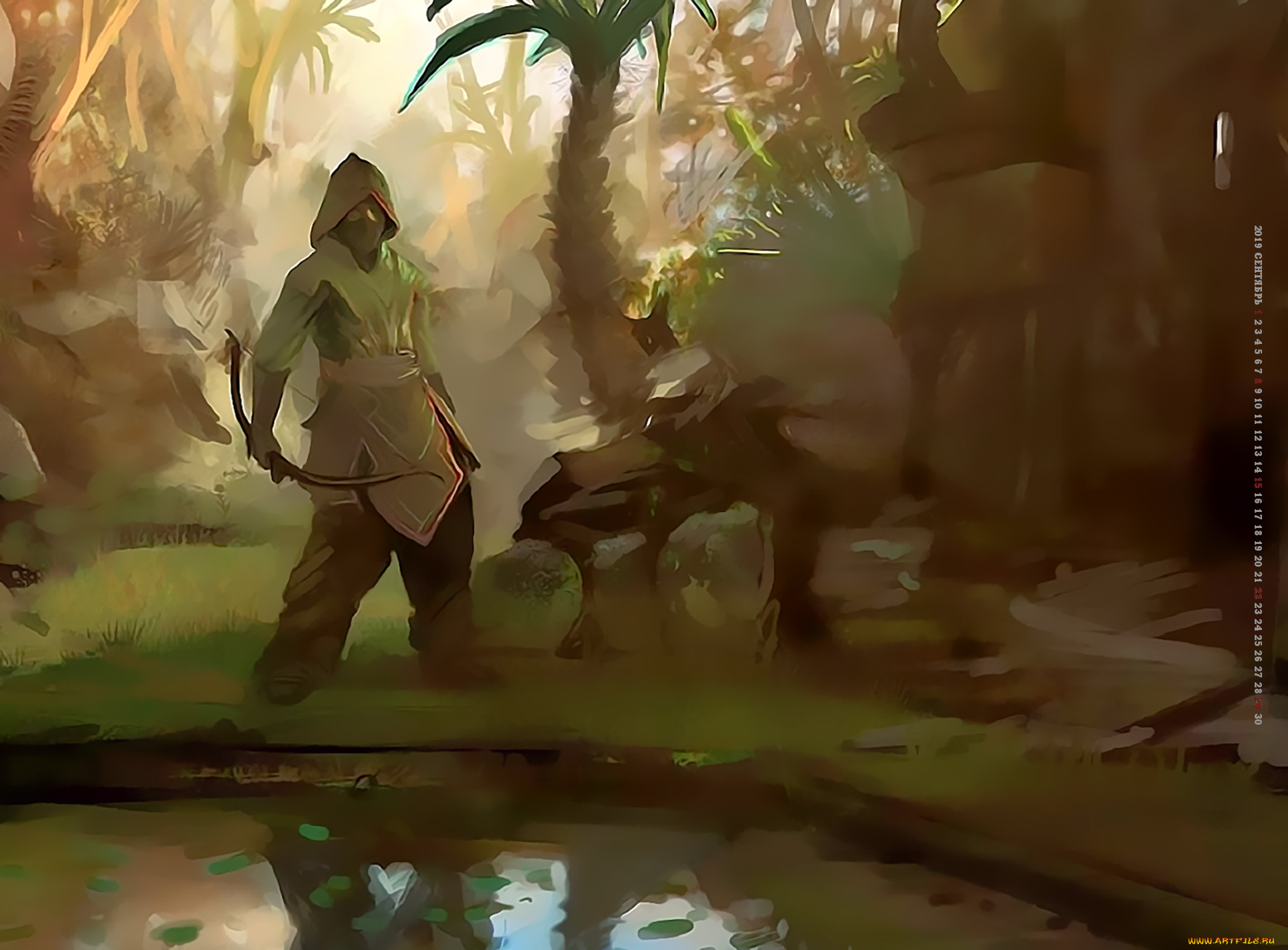 календари, фэнтези, человек, 2019, calendar, лук, оружие, водоем